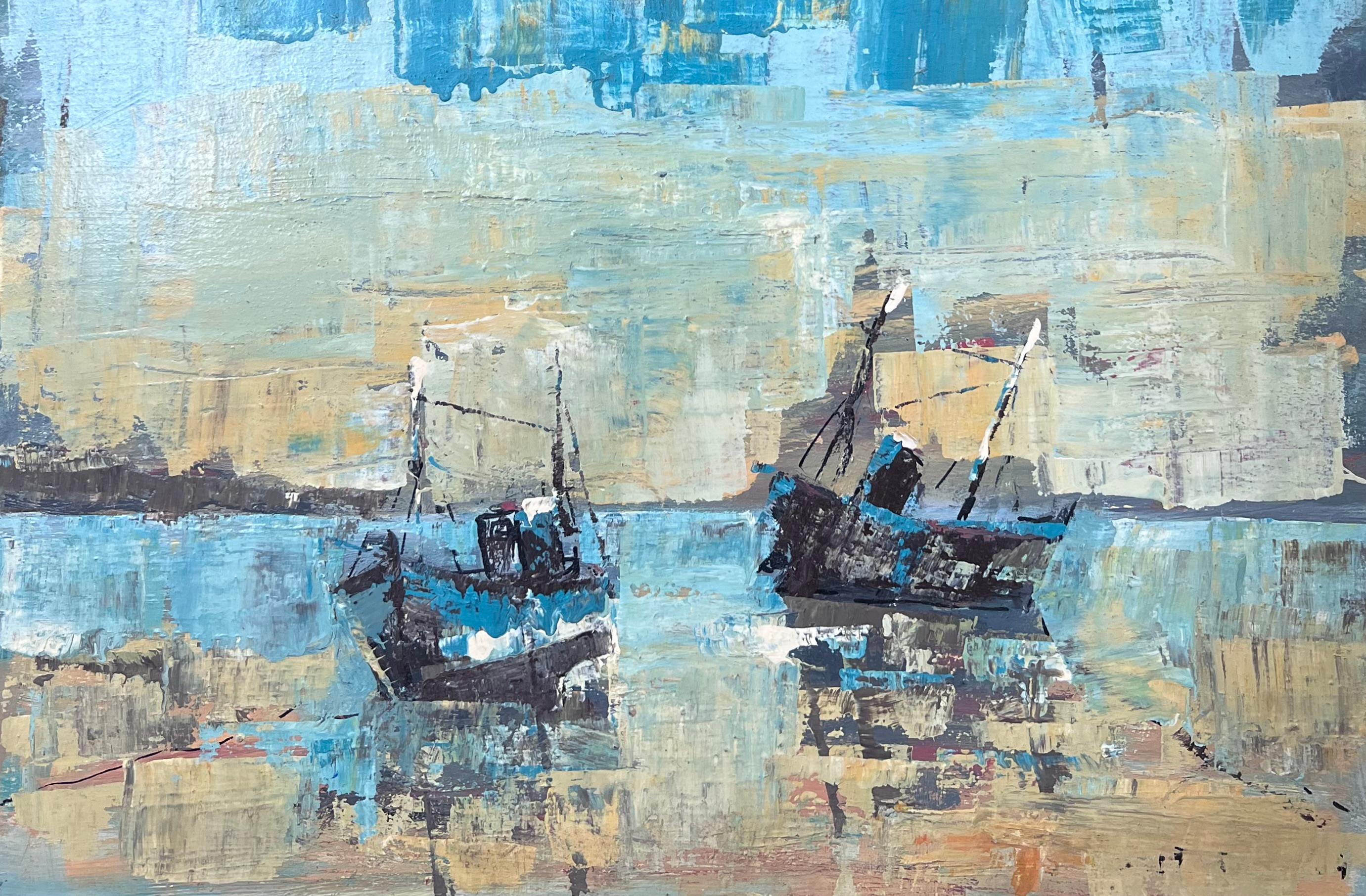 Landscape Painting Fanch Lel - Deux bateaux en style abstrait bleu vif Baie de mer Paysage français Peinture à l'huile