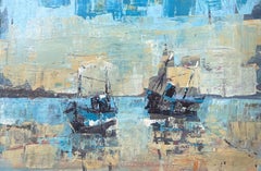 Deux bateaux en style abstrait bleu vif Baie de mer Paysage français Peinture à l'huile