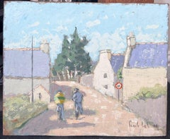 Dos figuras caminando por un tranquilo callejón de pueblo Paisaje francés Pintura al óleo