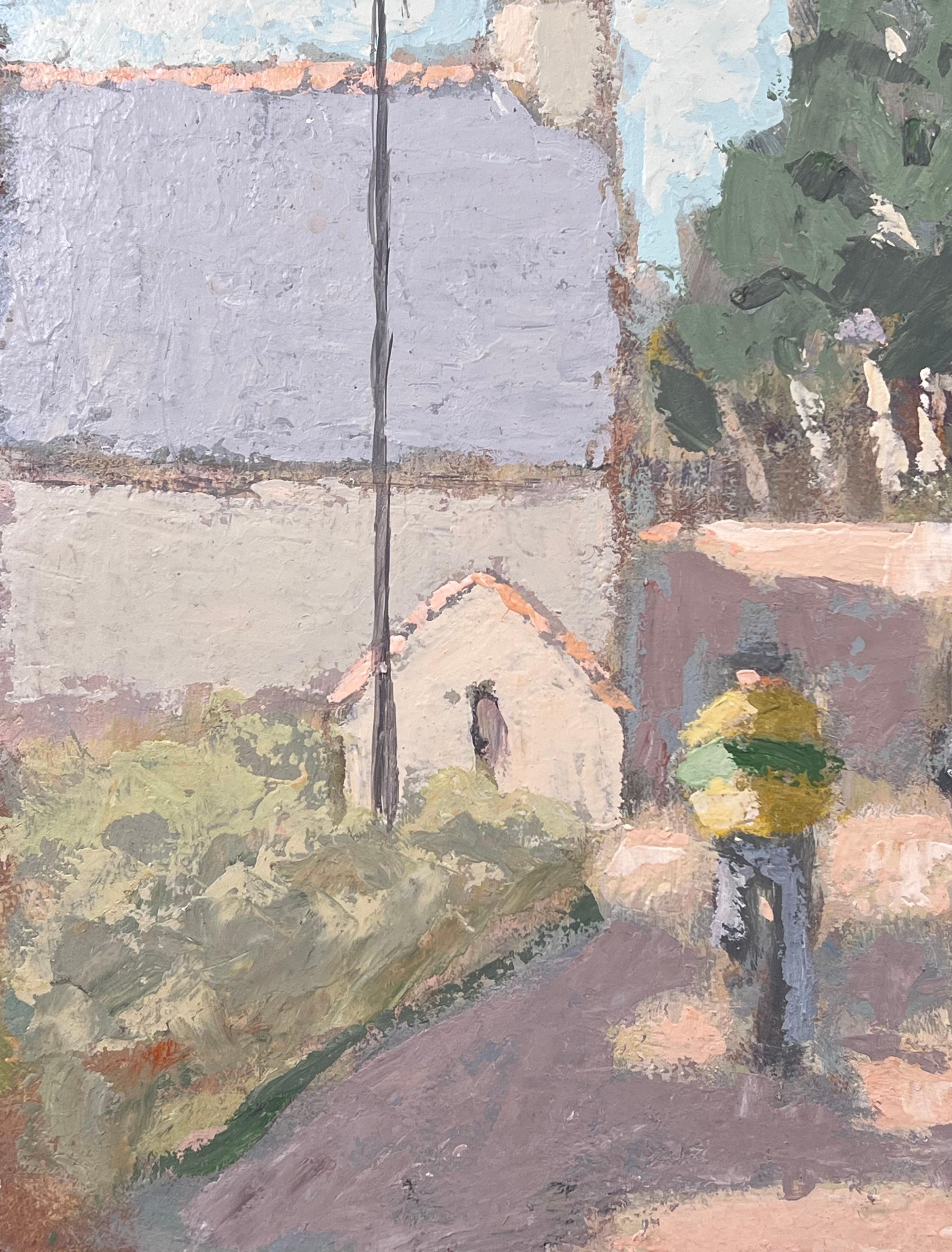 Due figure che camminano in una tranquilla stradina di paese Paesaggio francese dipinto a olio - Painting Impressionismo di Fanch Lel