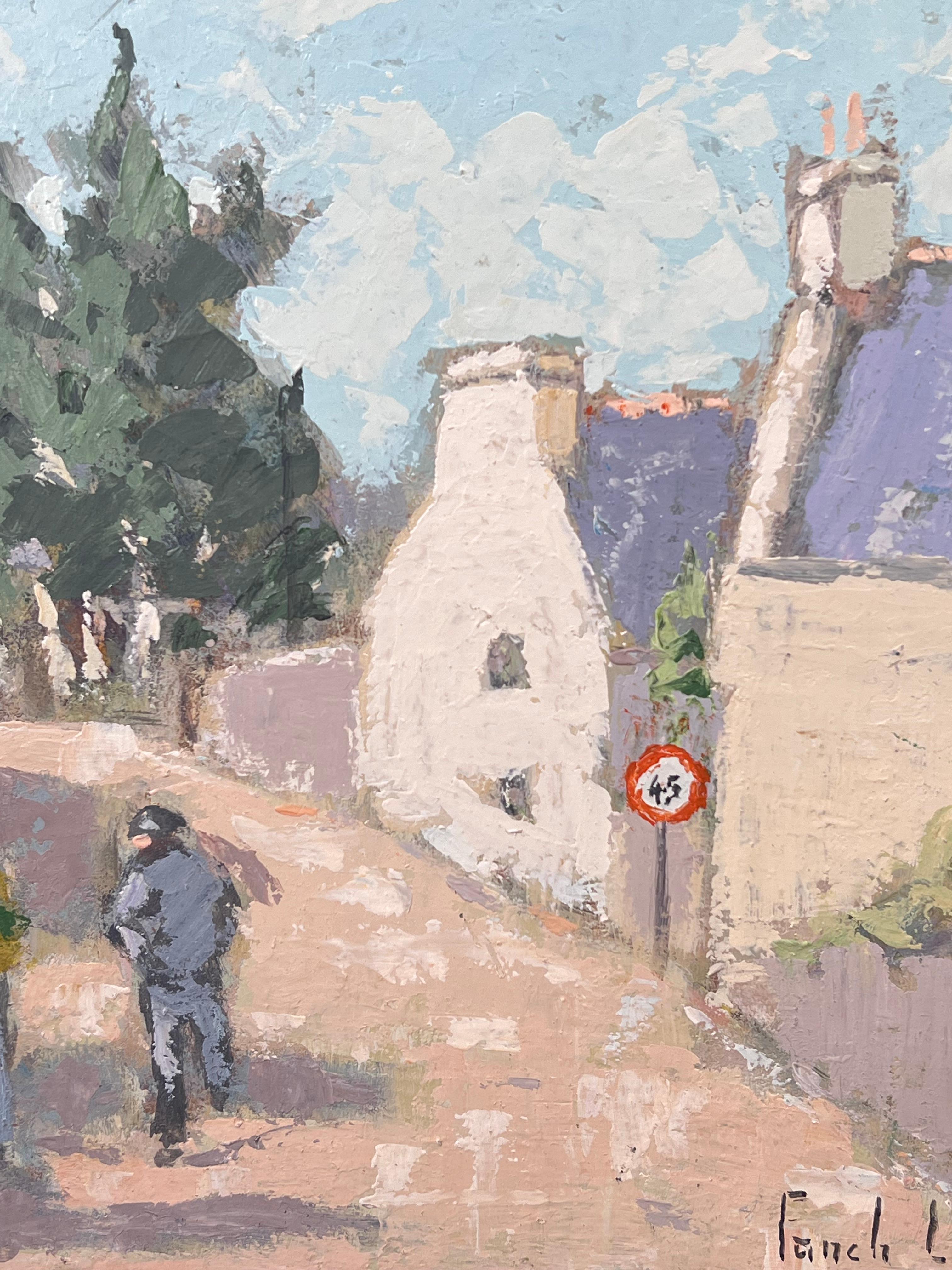 Strade di campagna illuminate dal sole 
Firmato da Fanch Lel
Dimensioni: 13 x 16 pollici (altezza x larghezza)
Pittura a olio su tavola, senza cornice
Condit: Buone condizioni generali, con lievi segni di manipolazione della superficie e una leggera