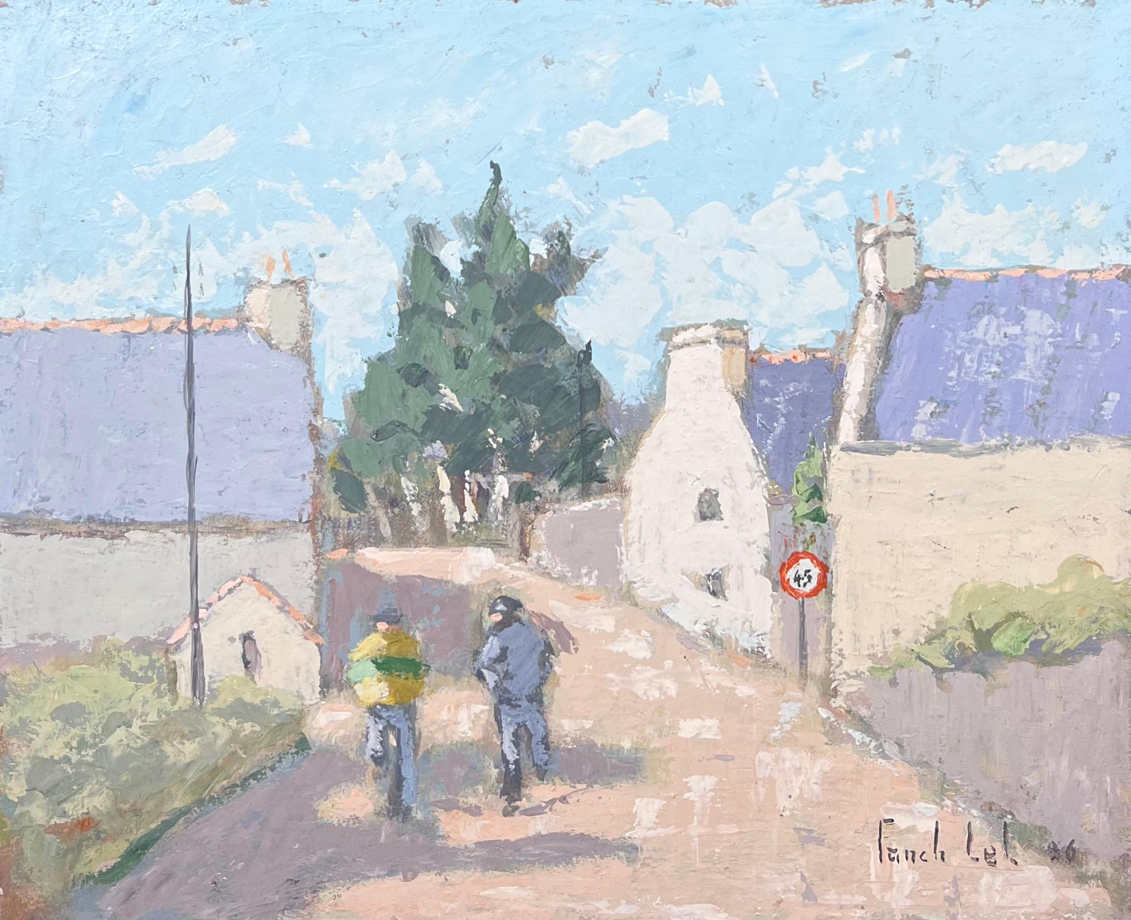 Figurative Painting di Fanch Lel - Due figure che camminano in una tranquilla stradina di paese Paesaggio francese dipinto a olio