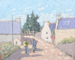Due figure che camminano in una tranquilla stradina di paese Paesaggio francese dipinto a olio