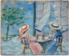 Two Ladies in Elegant Sun Hats Enjoying a Quiet Moment in a Sunlit French Café