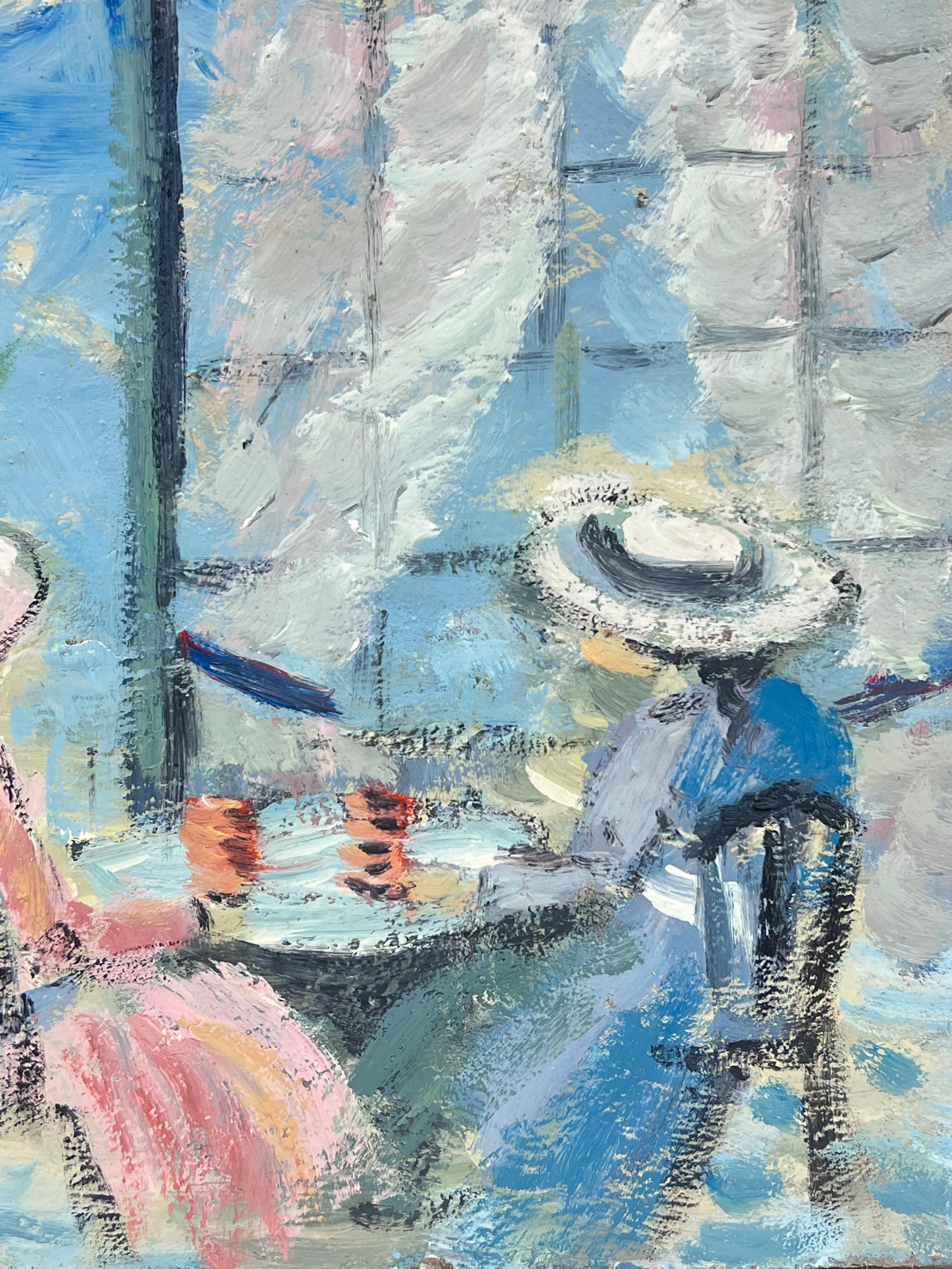 Deux dames portant d'élégants chapeaux de soleil profitent d'un moment de tranquillité dans un café français ensoleillé - Impressionnisme Painting par Fanch Lel