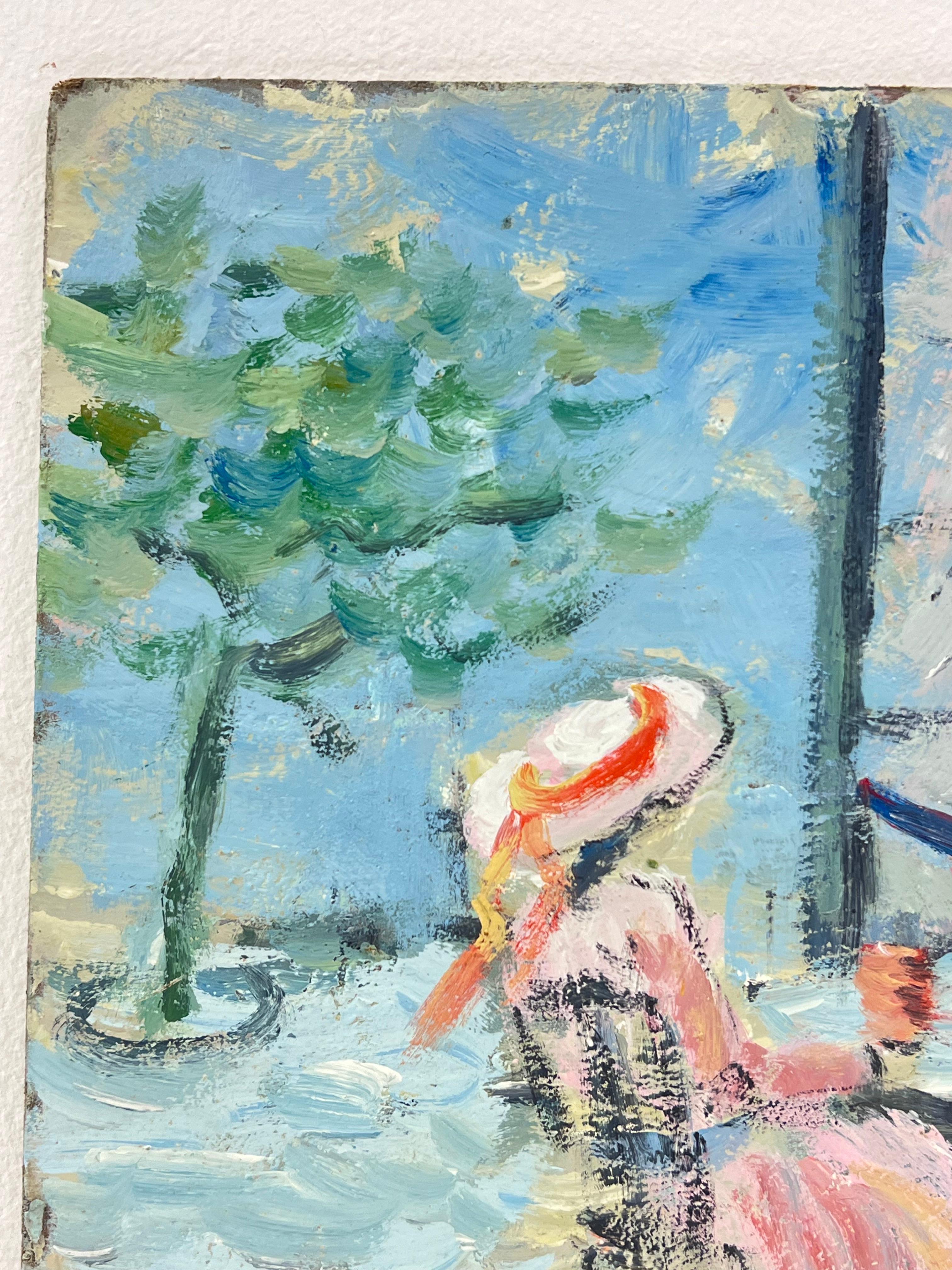 Thé de l'après-midi 
de Fanch Lel (français né en 1930)
taille : 9 x 11 pouces
peinture à l'huile sur carton, non encadrée
état : le tableau est en très bon état. Il a été stocké dans le studio de l'Artistics. 

Provenance : tous les tableaux de cet