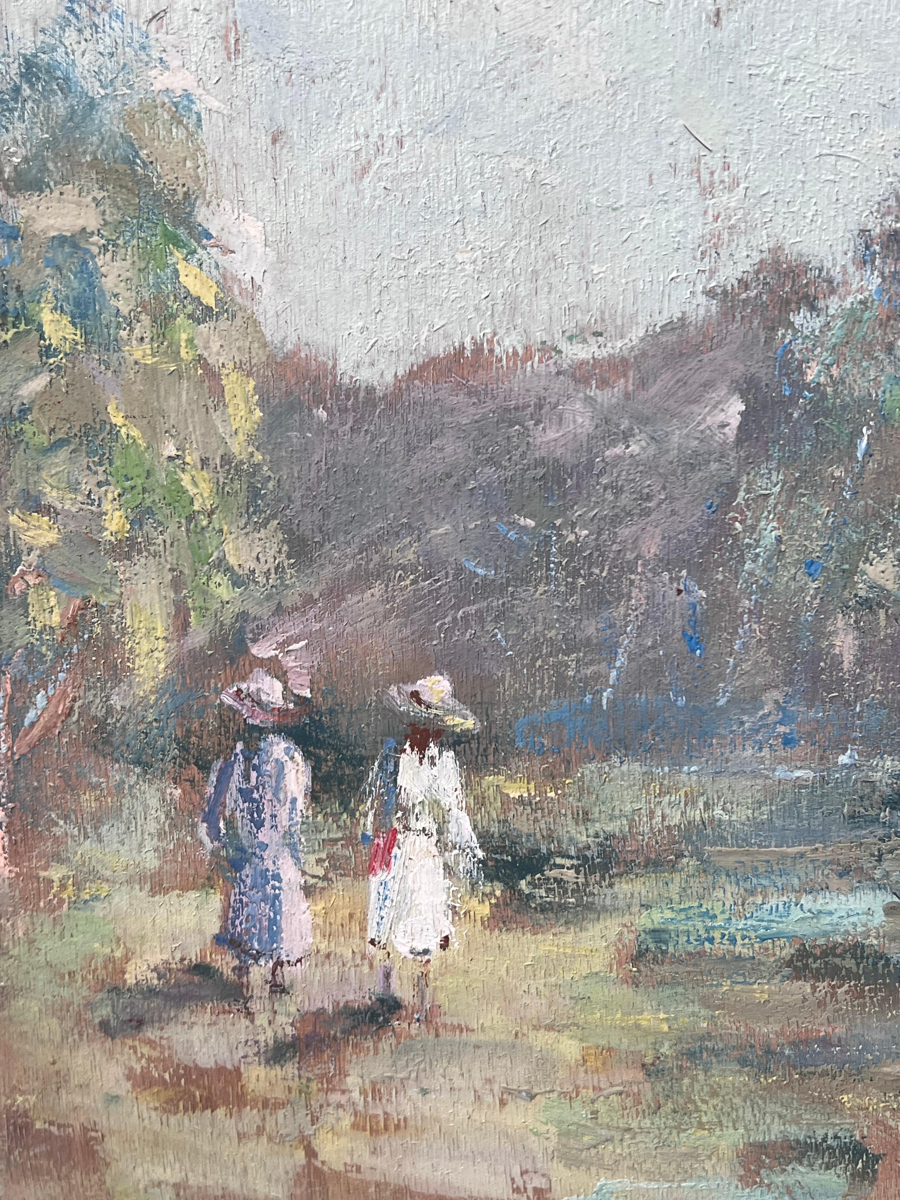 Zwei Damen mit Sonnenhüten schlendern durch die Waldlandschaft Ölgemälde – Painting von Fanch Lel