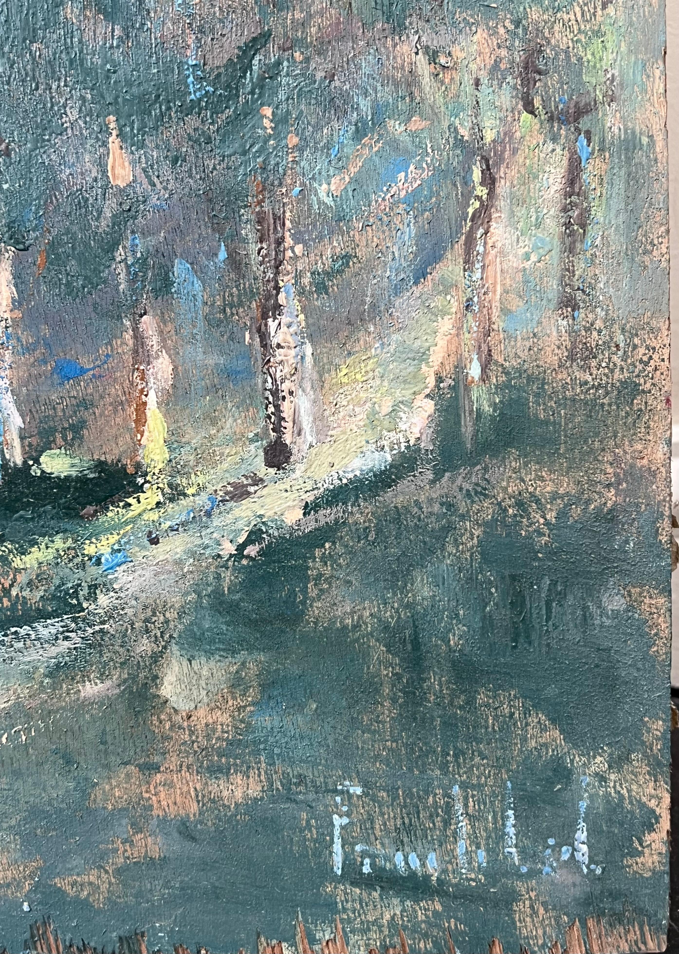Zwei Damen mit Sonnenhüten schlendern durch die Waldlandschaft Ölgemälde (Impressionismus), Painting, von Fanch Lel