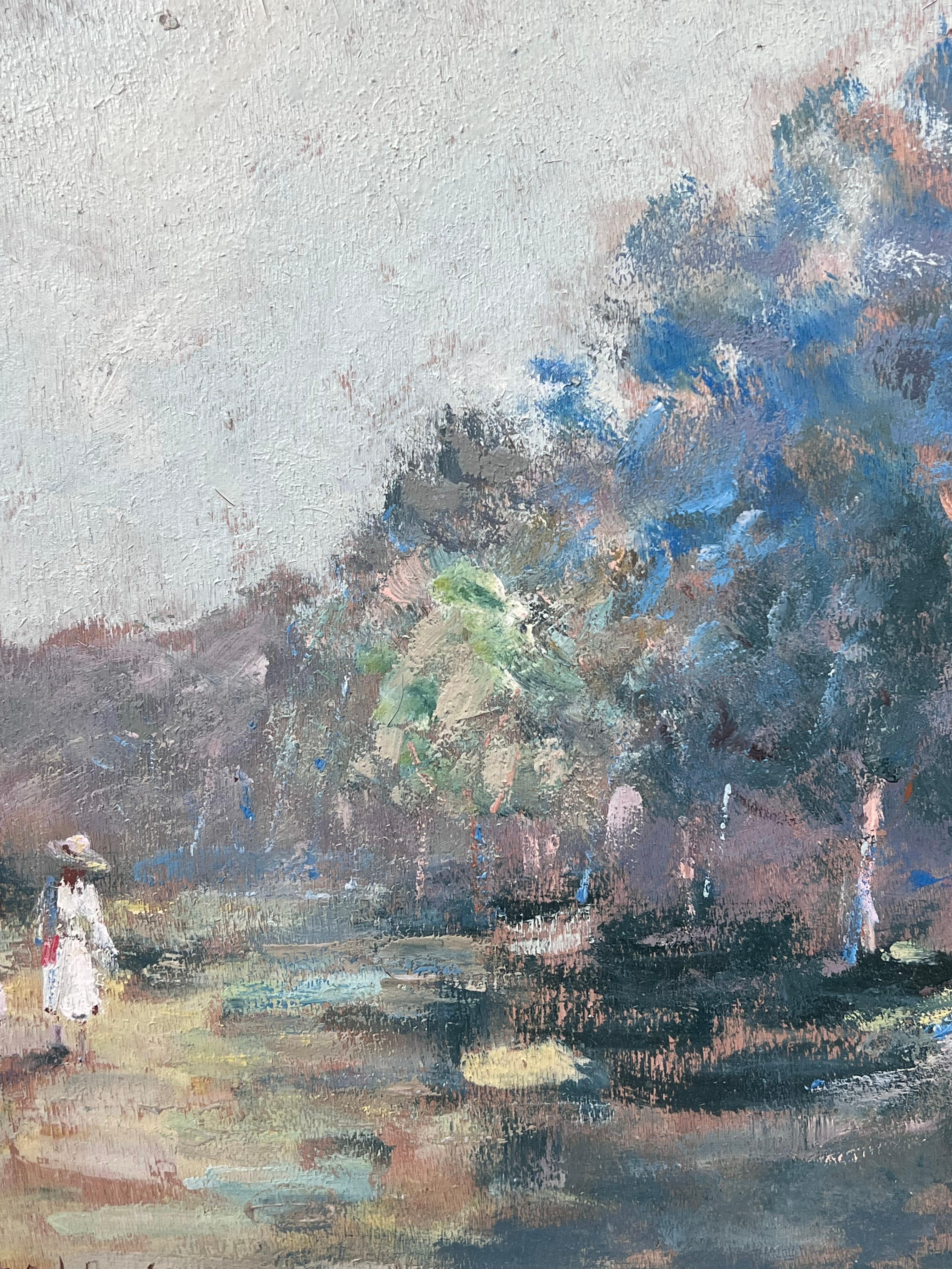 Der Ladies Walk
Gezeichnet von Fanch Lel
Größe: 15 x 18 Zoll (Höhe x Breite)
Ölgemälde auf Karton, ungerahmt
Doppelseitig
Zustand: Insgesamt guter Zustand mit leichten Gebrauchsspuren an der Oberfläche und leichten Abnutzungserscheinungen an den