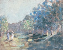 Zwei Damen mit Sonnenhüten schlendern durch die Waldlandschaft Ölgemälde