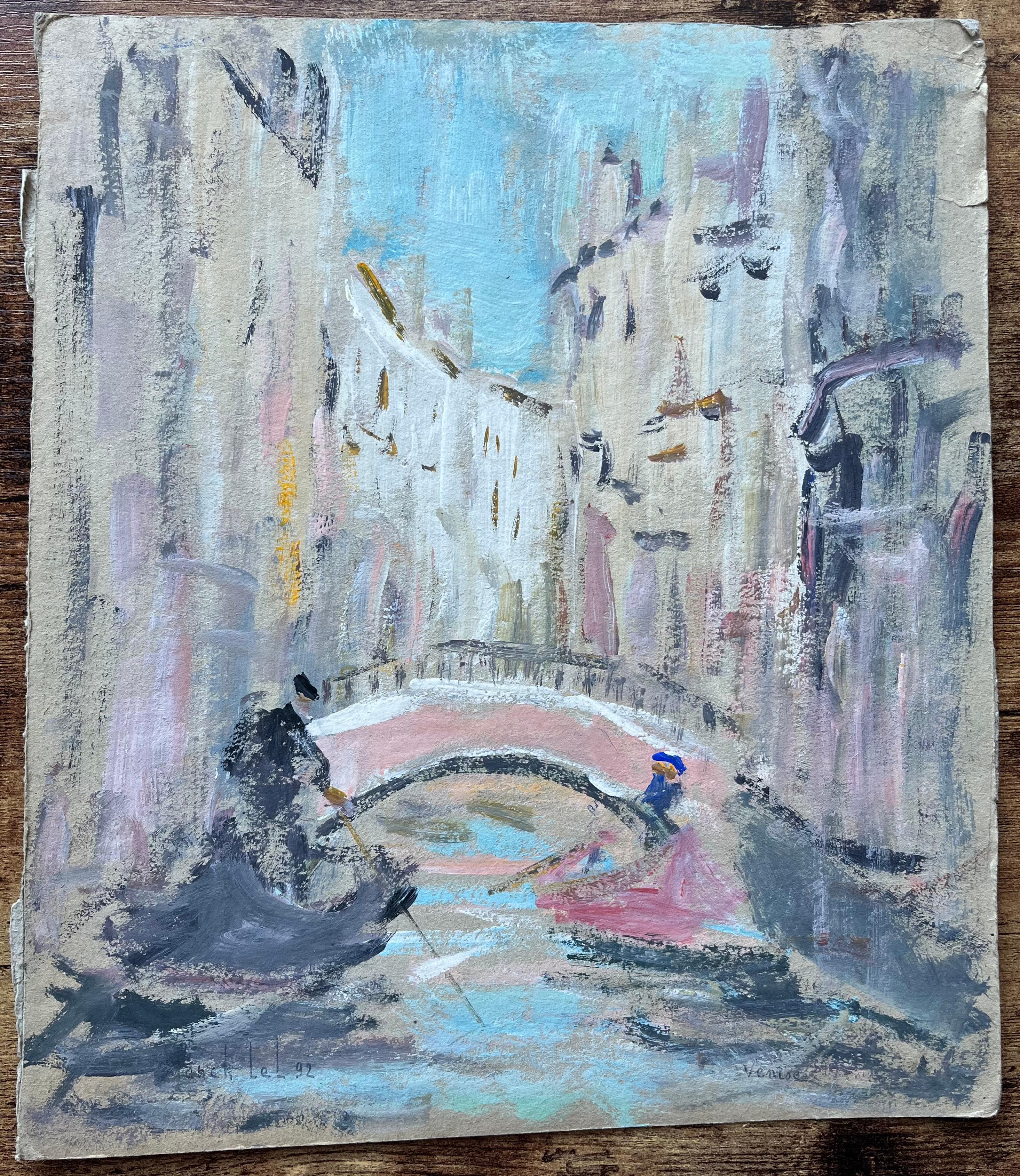 Venetian Canal Scene with Two Gondolas Gliding through a Canal Beneath a Bridge - Painting by Fanch Lel