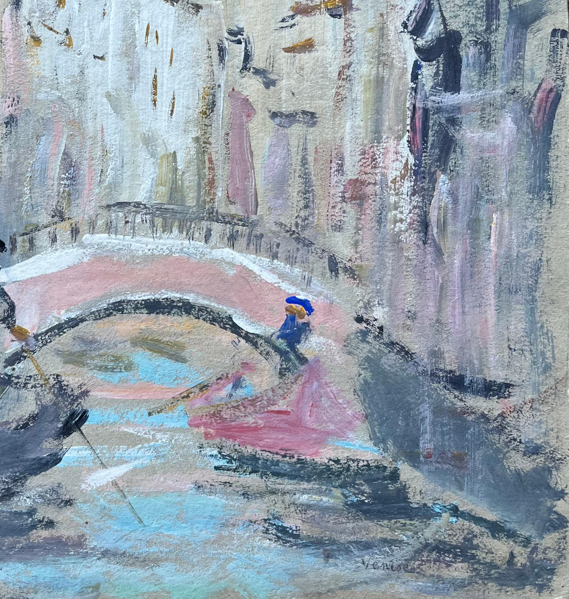 Venetian Canal Scene with Two Gondolas Gliding through a Canal Beneath a Bridge - Impressionist Painting by Fanch Lel