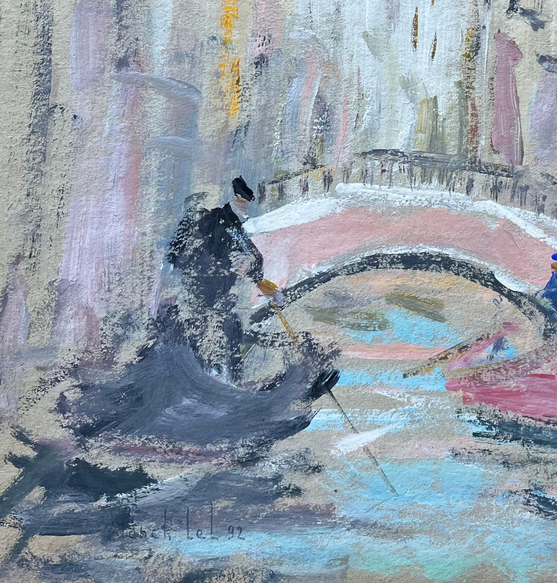 Venetian Canal Scene with Two Gondolas Gliding through a Canal Beneath a Bridge - Gray Landscape Painting by Fanch Lel