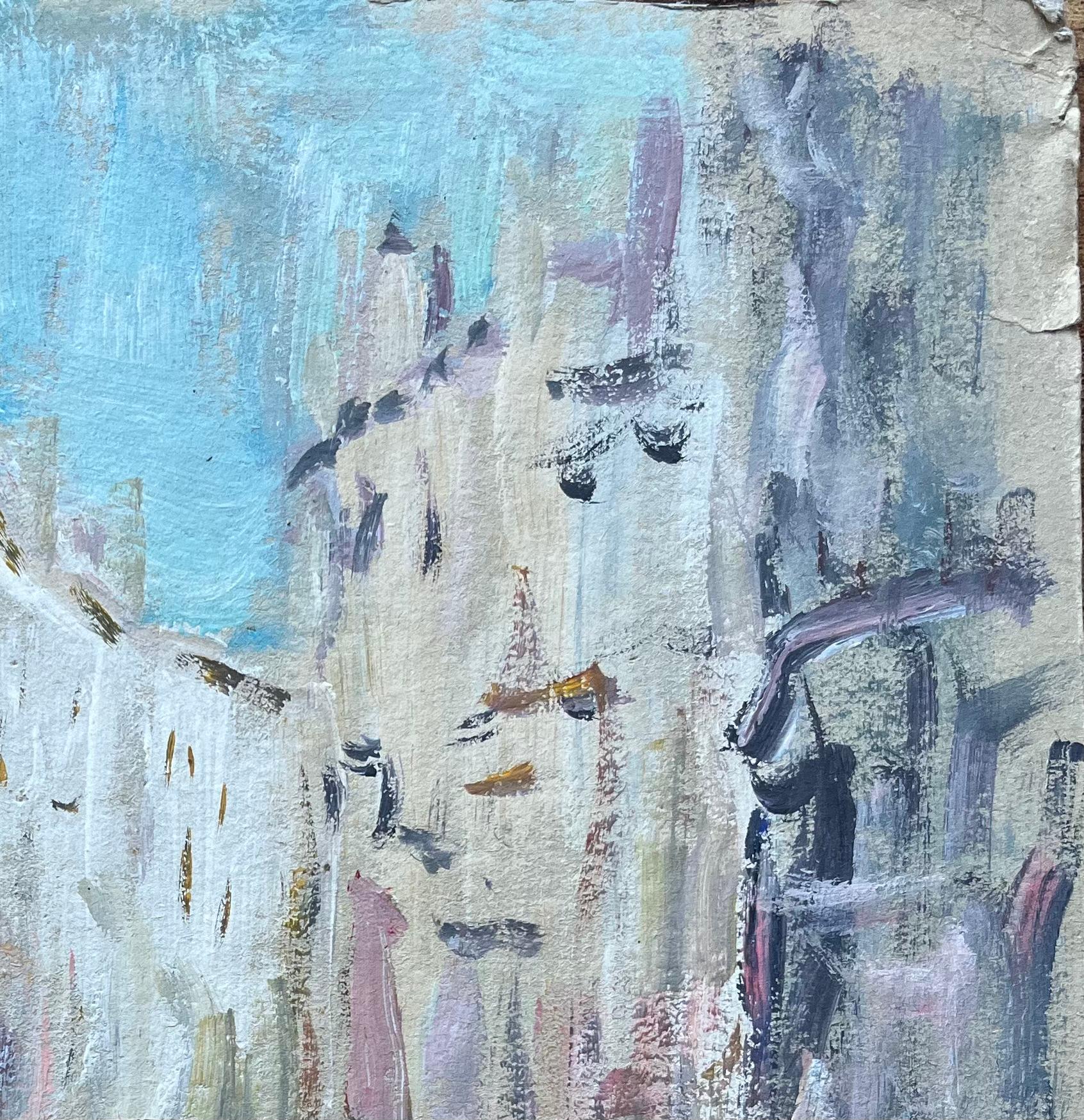 Title: Venetian Canal Scene with Two Gondolas Gliding through a Canal Beneath a Bridge
by Fanche Lel
Signed: Yes
Size: 12.25 inches (height) x 10.75 inches (width)
Oil painting on paper, unframed
Condition: The painting is in good condition, with
