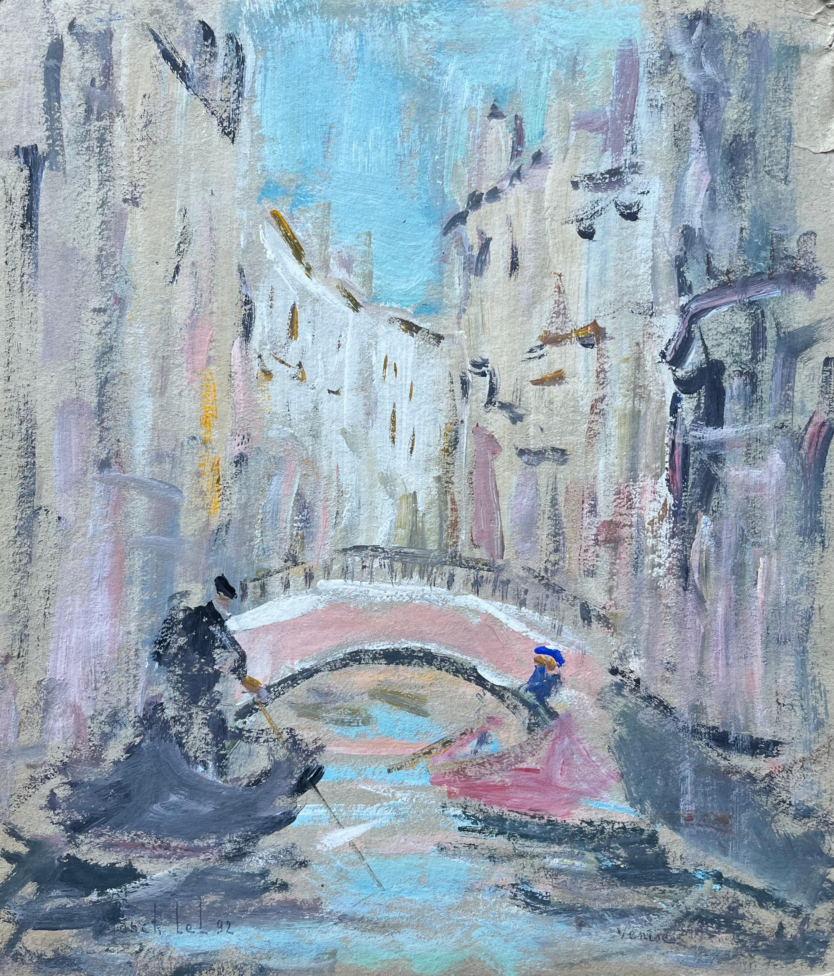 Fanch Lel Landscape Painting - Venetian Canal Scene with Two Gondolas Gliding through a Canal Beneath a Bridge