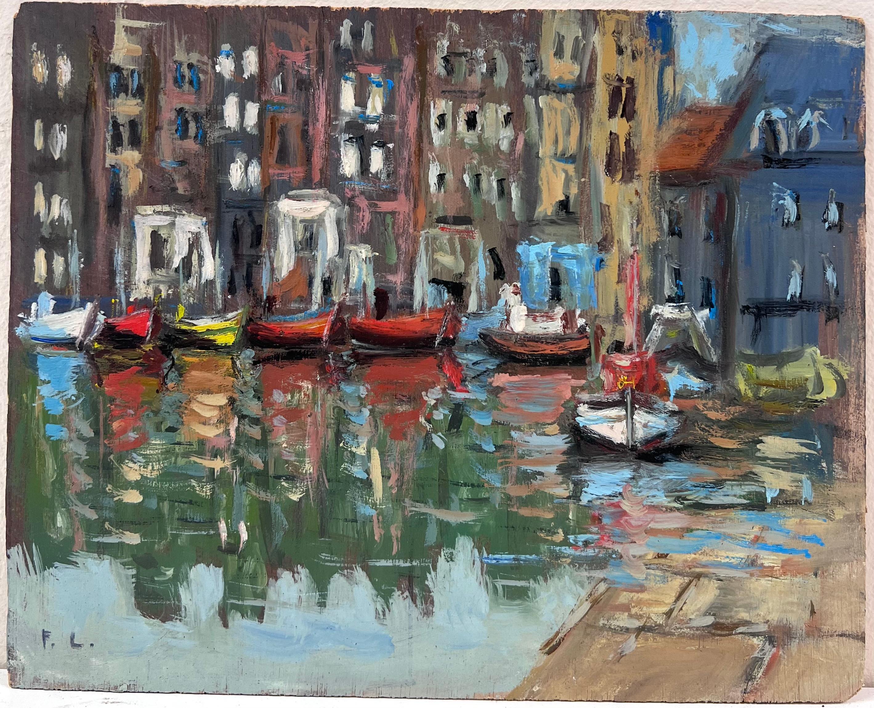 Vibrante escena frente al mar con edificios rústicos y agua resplandeciente - Painting de Fanch Lel