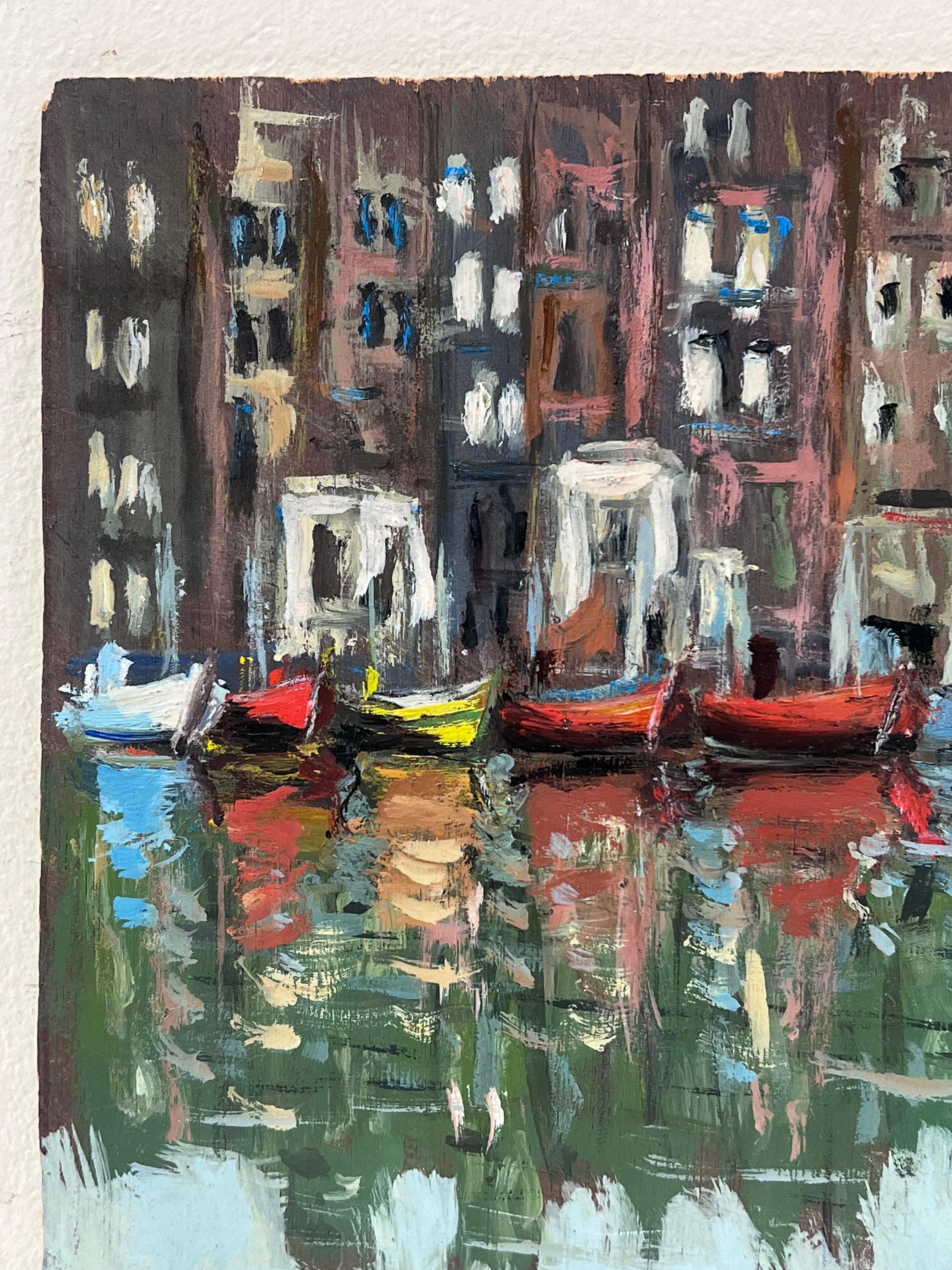 Barcos de colores reflejándose en el puerto
de Fanch Lel (francés, 1930)
tamaño: 8,75 x 10,75 pulgadas
óleo sobre tabla, sin enmarcar
estado: el cuadro está en muy buen estado. Antes estaba guardado en el estudio del artista. 

Procedencia: todos