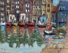 Vibrant Boat Waterfront Scene with Rustic Buildings and Glistening Water