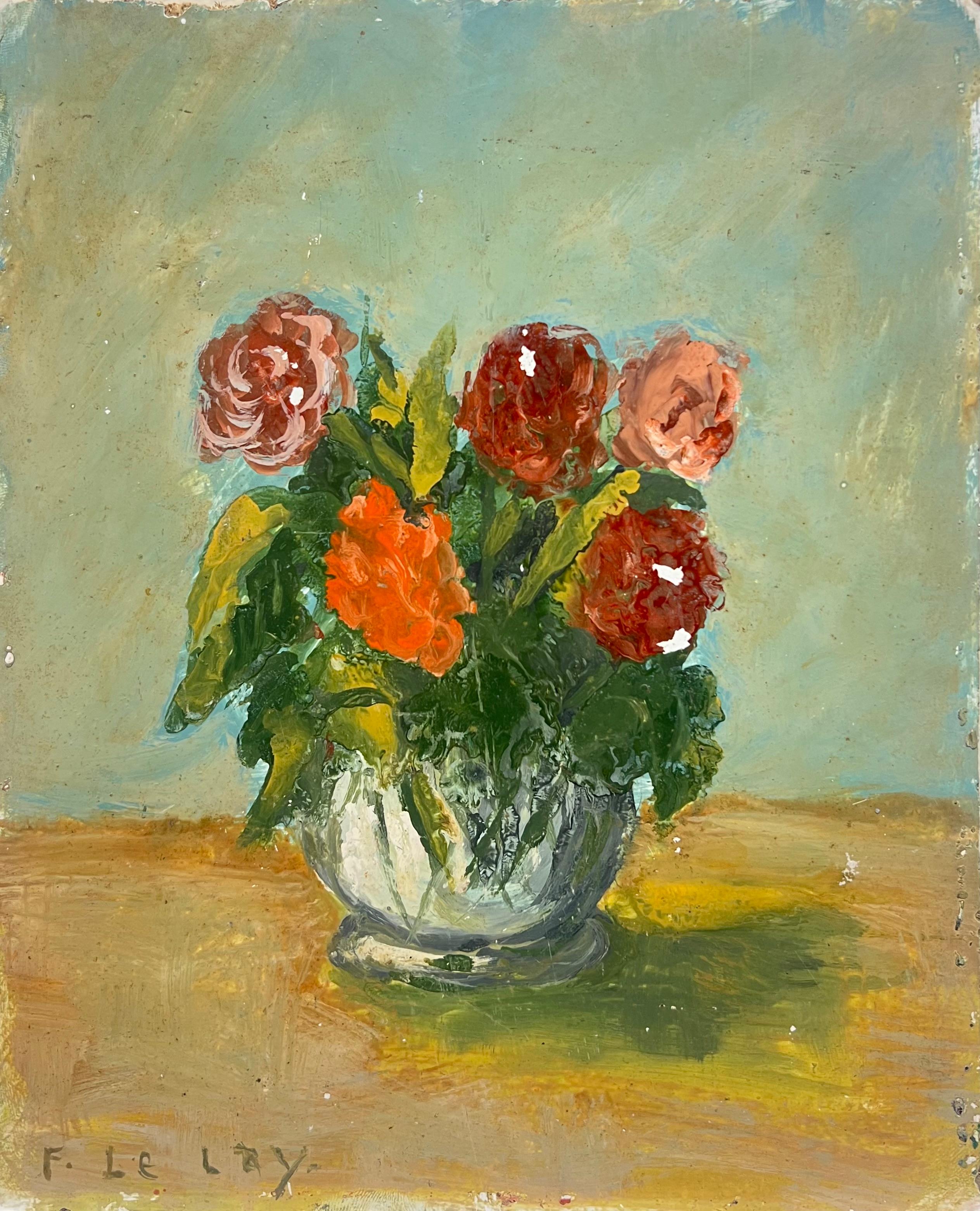 Vibrante Ramo de Rosas y Claveles en un Jarrón de Cristal Naturaleza Muerta Mediados de Siglo - Painting de Fanch Lel