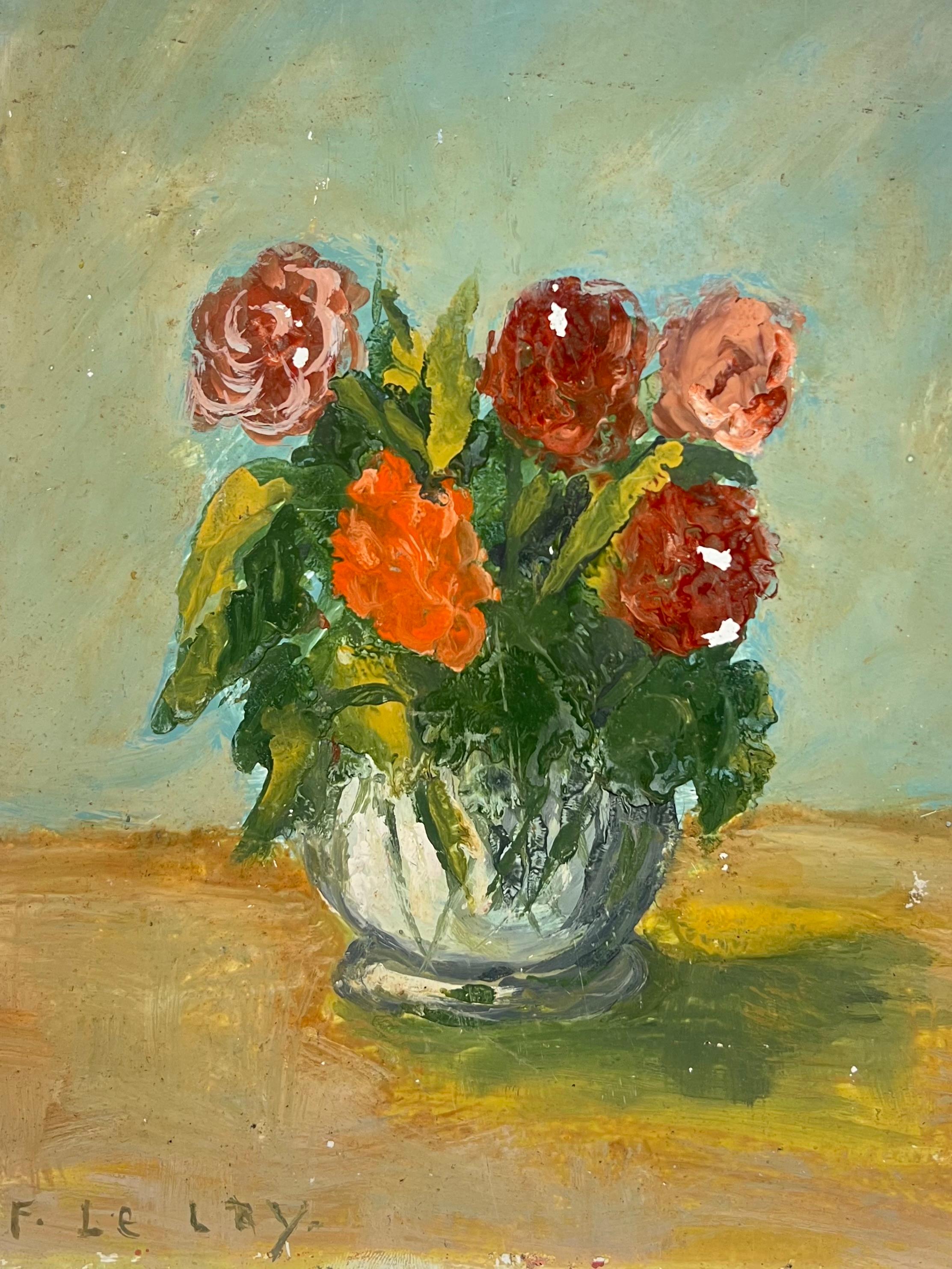 Vibrante Ramo de Rosas y Claveles en un Jarrón de Cristal Naturaleza Muerta Mediados de Siglo - Painting Impresionista de Fanch Lel