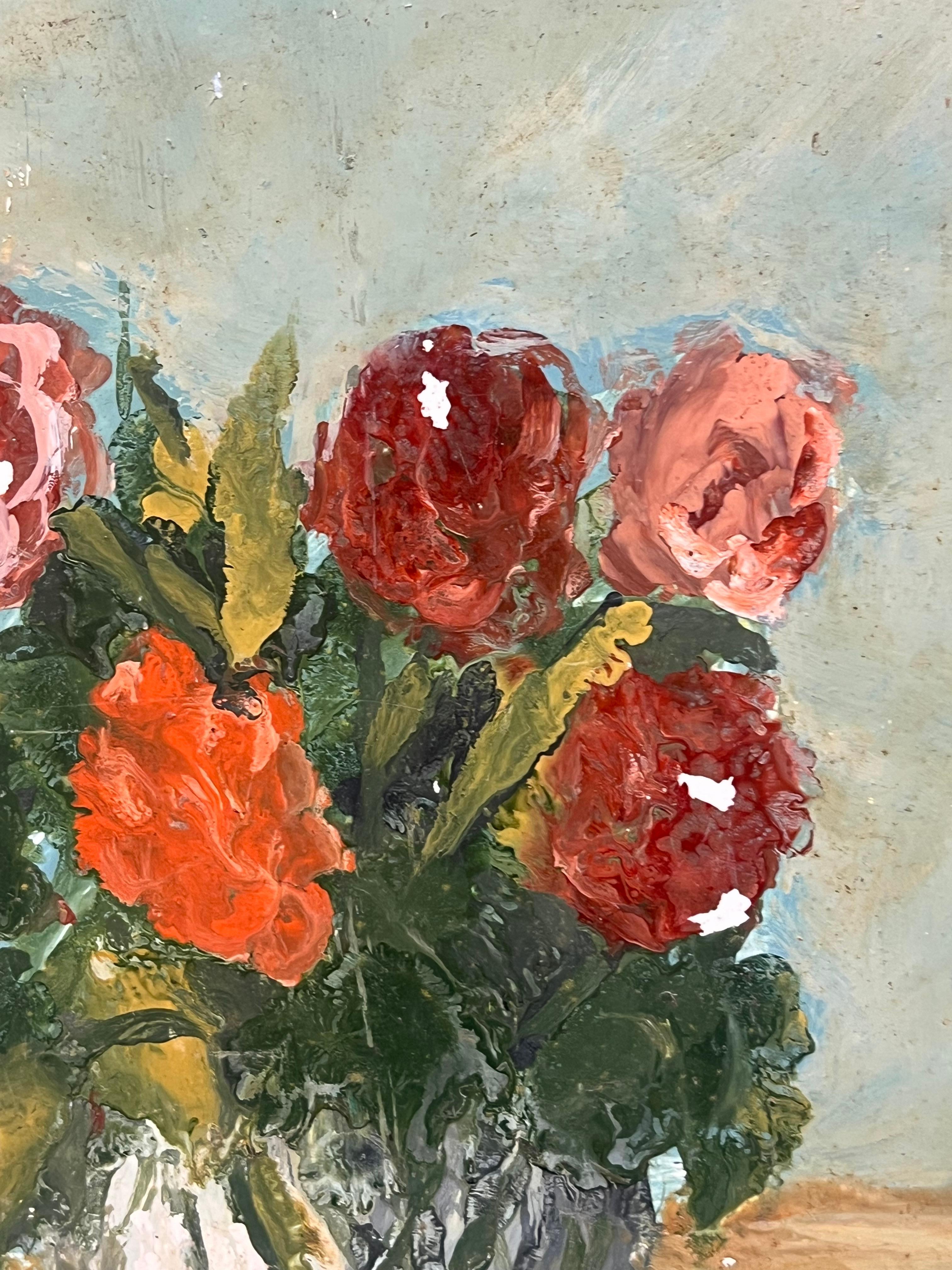 Vibrante Ramo de Rosas y Claveles en un Jarrón de Cristal Naturaleza Muerta Mediados de Siglo - Interior Painting Marrón de Fanch Lel
