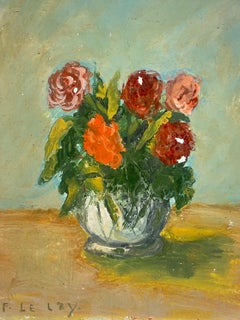 Vibrant Bouquet of Roses and Carnations in a Glass Vase Still Life Mid Century