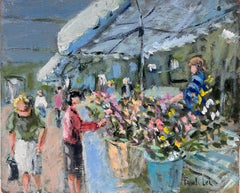 Vibrant Flower Market Morning Beneath Shaded Canopies French Oil Painting