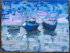 Paysage marin français avec bateaux de pêche bleus, mouettes et ciel du soir