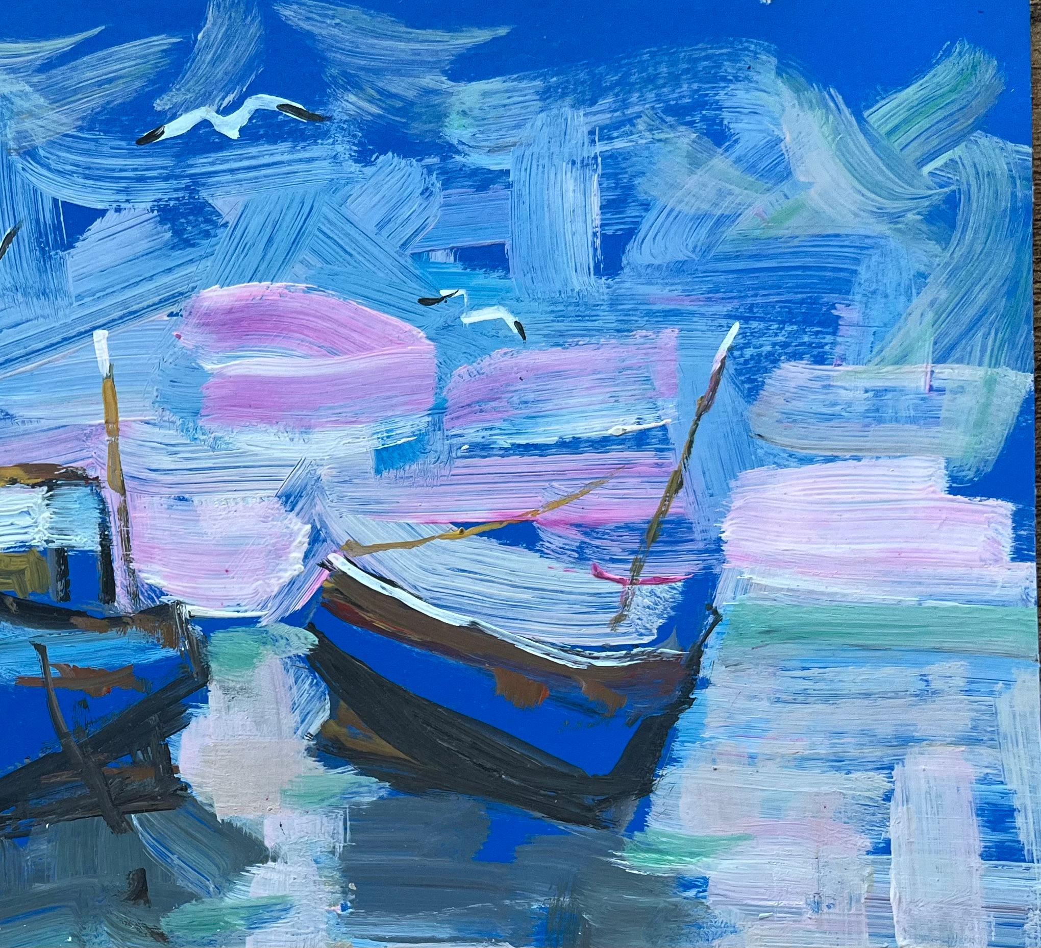 Vibrant French Seascape with Blue Fishing Boats, Seagulls and Evening Sky - Impressionist Painting by Fanch Lel