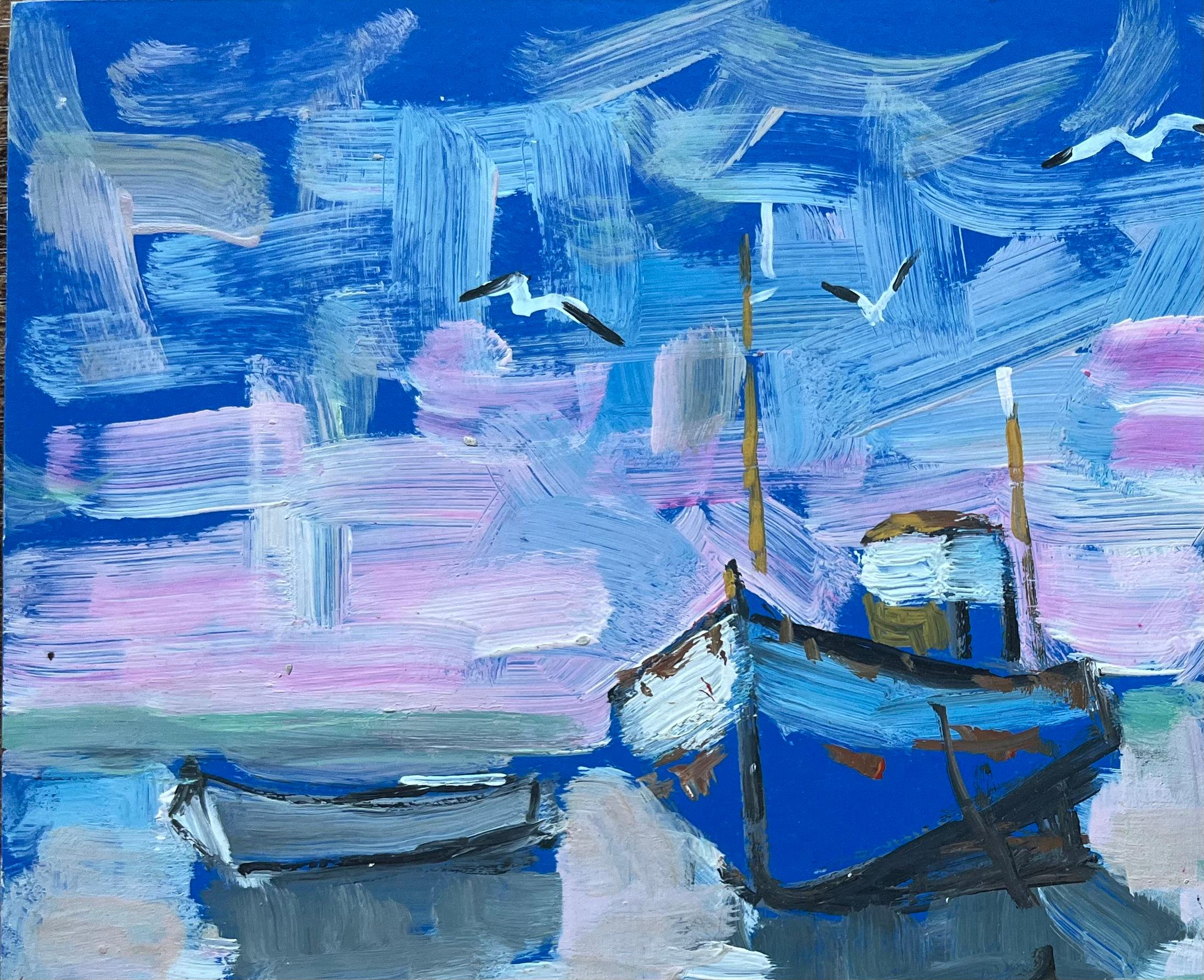 Title: Vibrant French Seascape with Blue Fishing Boats, Seagulls and Evening Sky
by Fanch Lel (French b. 1930)
Signed: Yes
Size: 8.25 inches (height) x 10.75 inches (width)
Oil painting on card, unframed
Condition: The painting is in good condition,