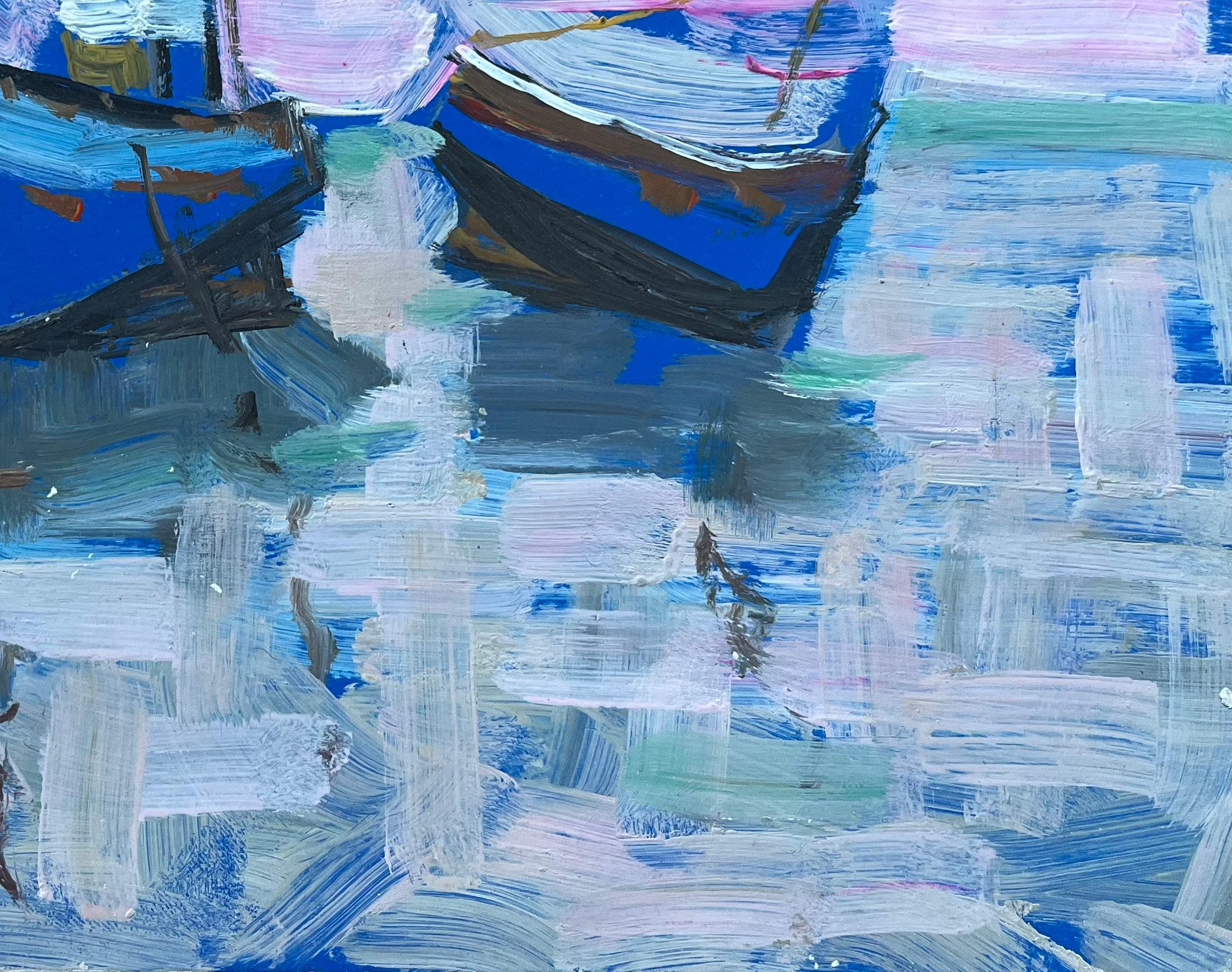 Vibrant French Seascape with Blue Fishing Boats, Seagulls and Evening Sky For Sale 1