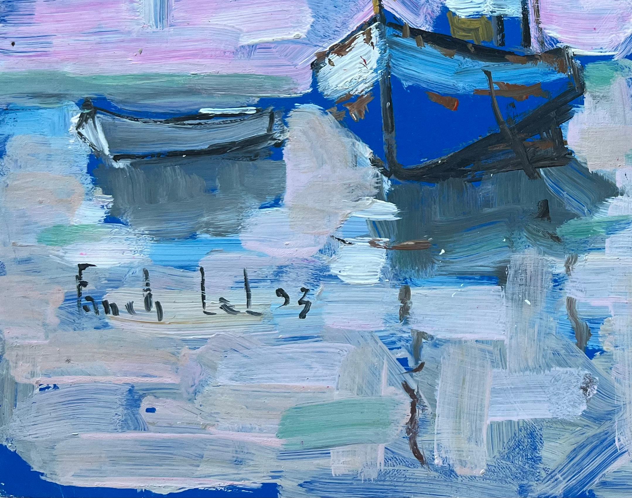 Vibrant French Seascape with Blue Fishing Boats, Seagulls and Evening Sky For Sale 2