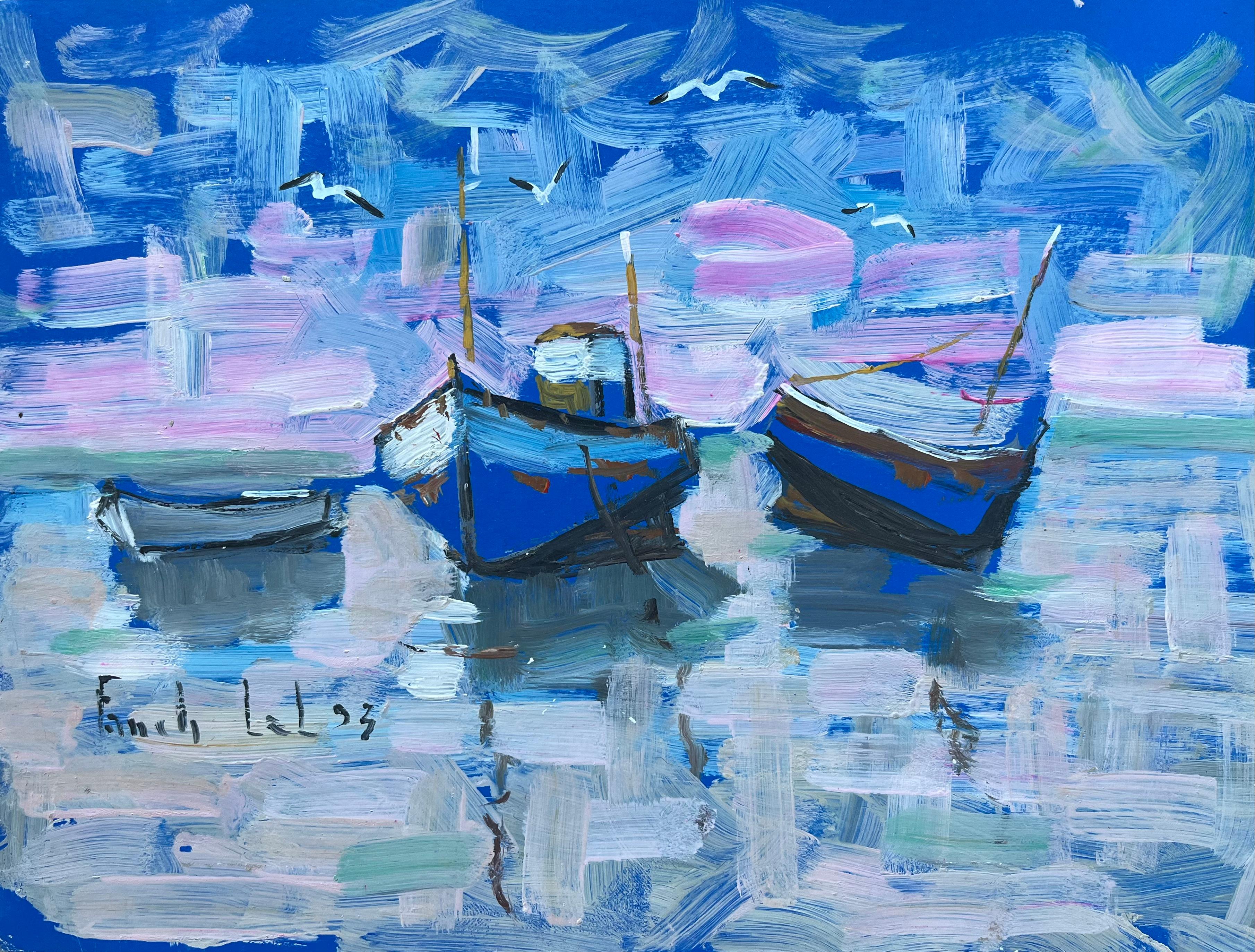 Fanch Lel Landscape Painting - Vibrant French Seascape with Blue Fishing Boats, Seagulls and Evening Sky