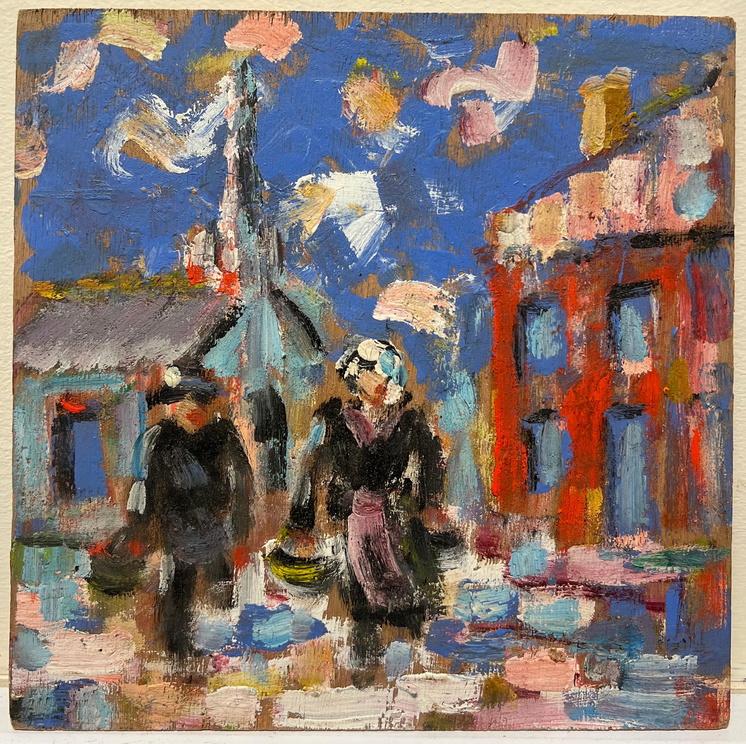 Vibrante escena callejera de pueblo con figuras Pintura al óleo original francesa - Painting de Fanch Lel