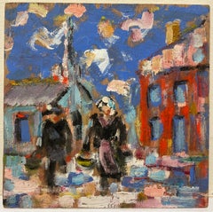 Lebhafte Dorfstraßenssszene mit Figuren, Original französisches Ölgemälde