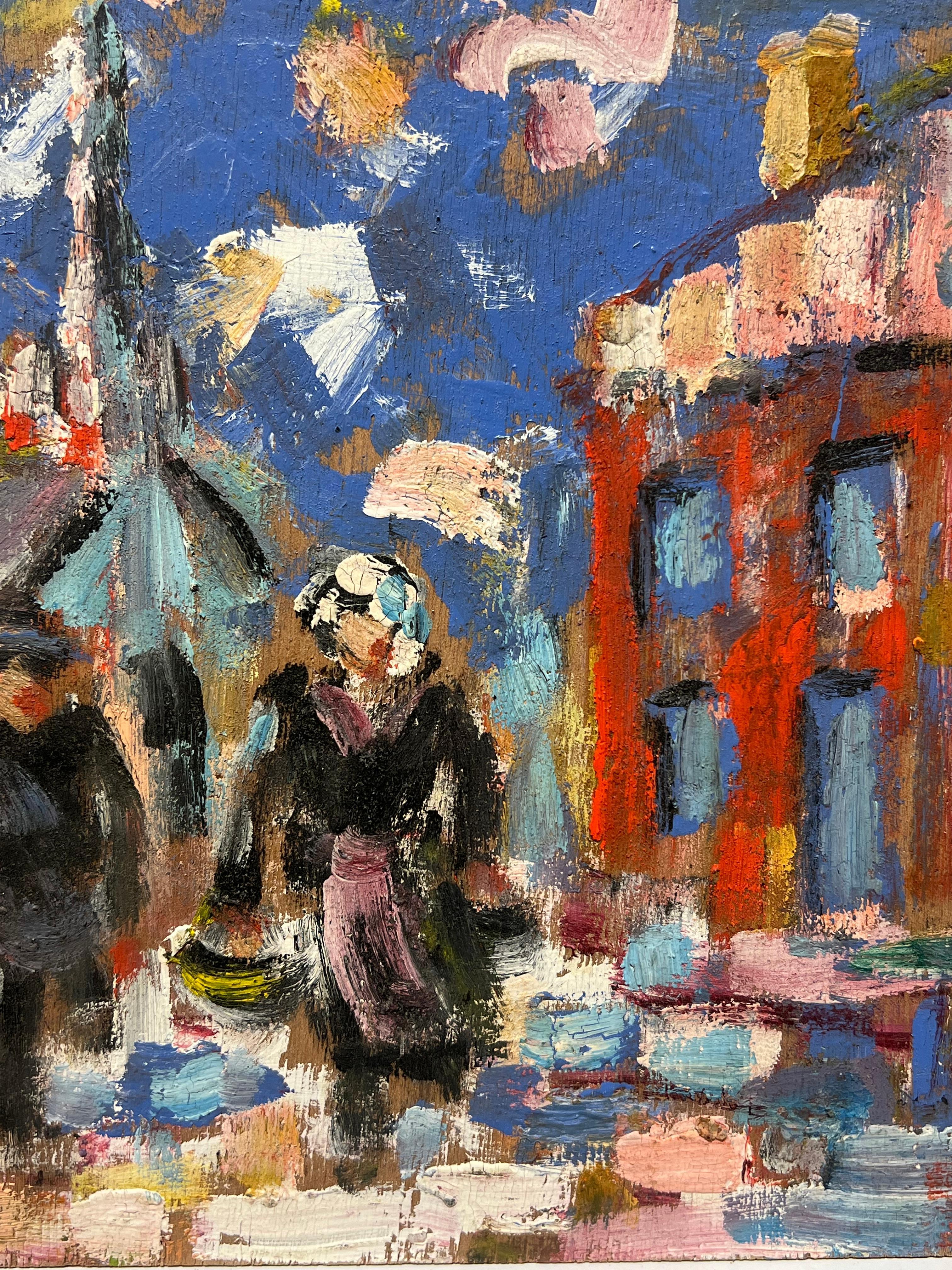 Vibrante escena callejera de pueblo con figuras Pintura al óleo original francesa - Painting Impresionista de Fanch Lel