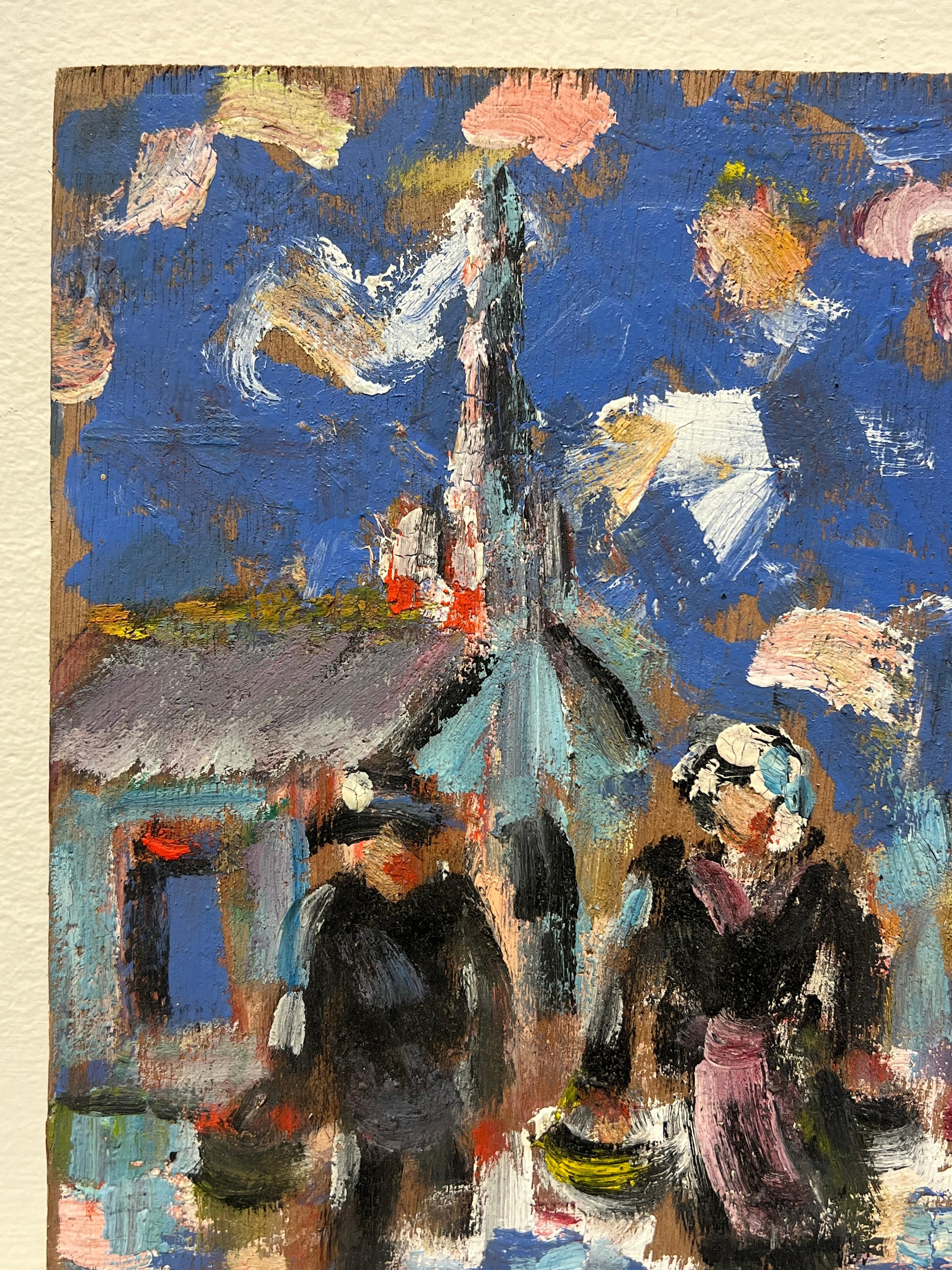 Vibrante escena callejera de pueblo con figuras Pintura al óleo original francesa - Landscape Painting Gris de Fanch Lel