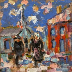 Vibrant Village Street Scene with Figures Original French Oil Painting
