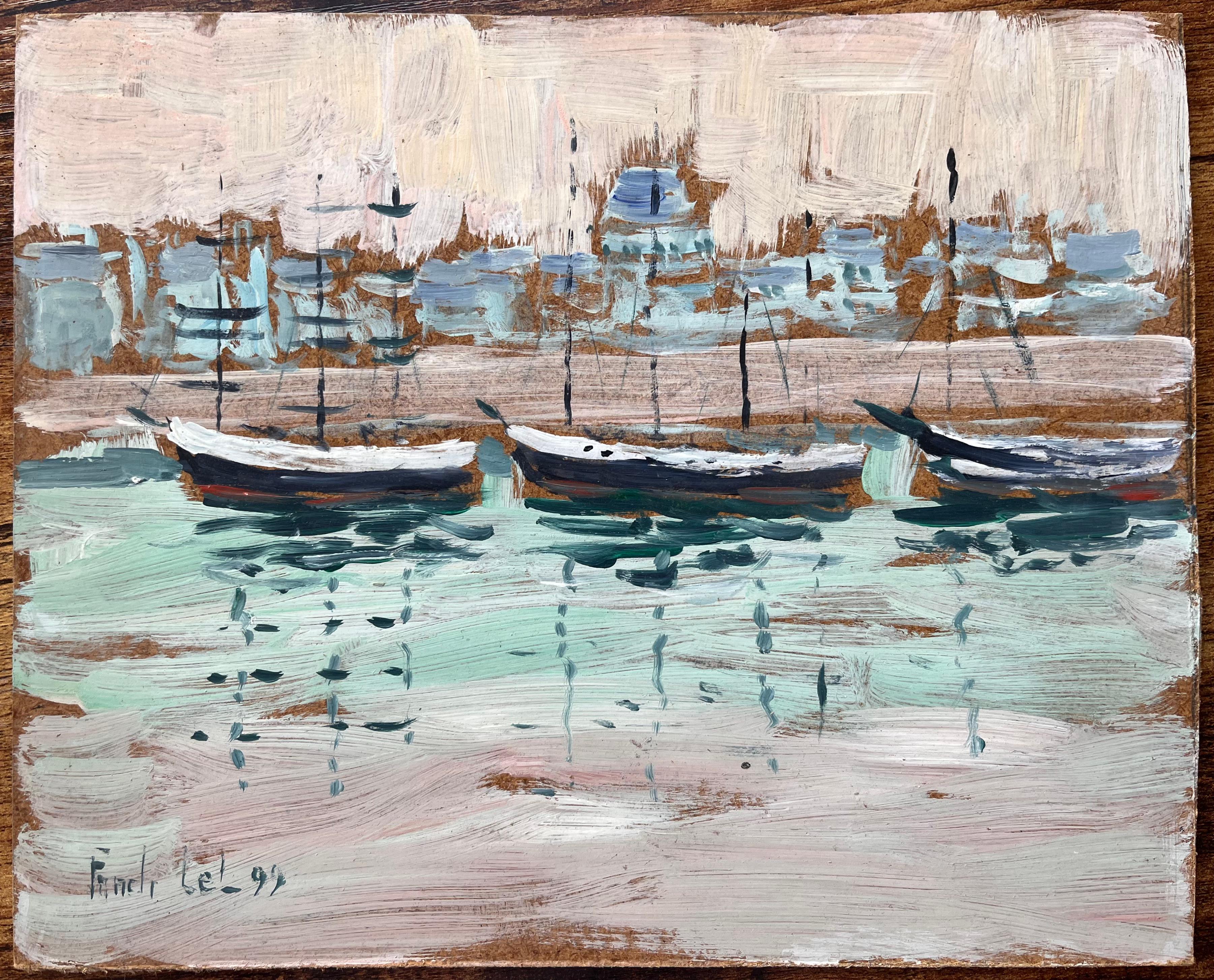 Vutien à St Malo Französisches Küstengemälde mit vertäuten Booten von Fanch Lel im Angebot 1