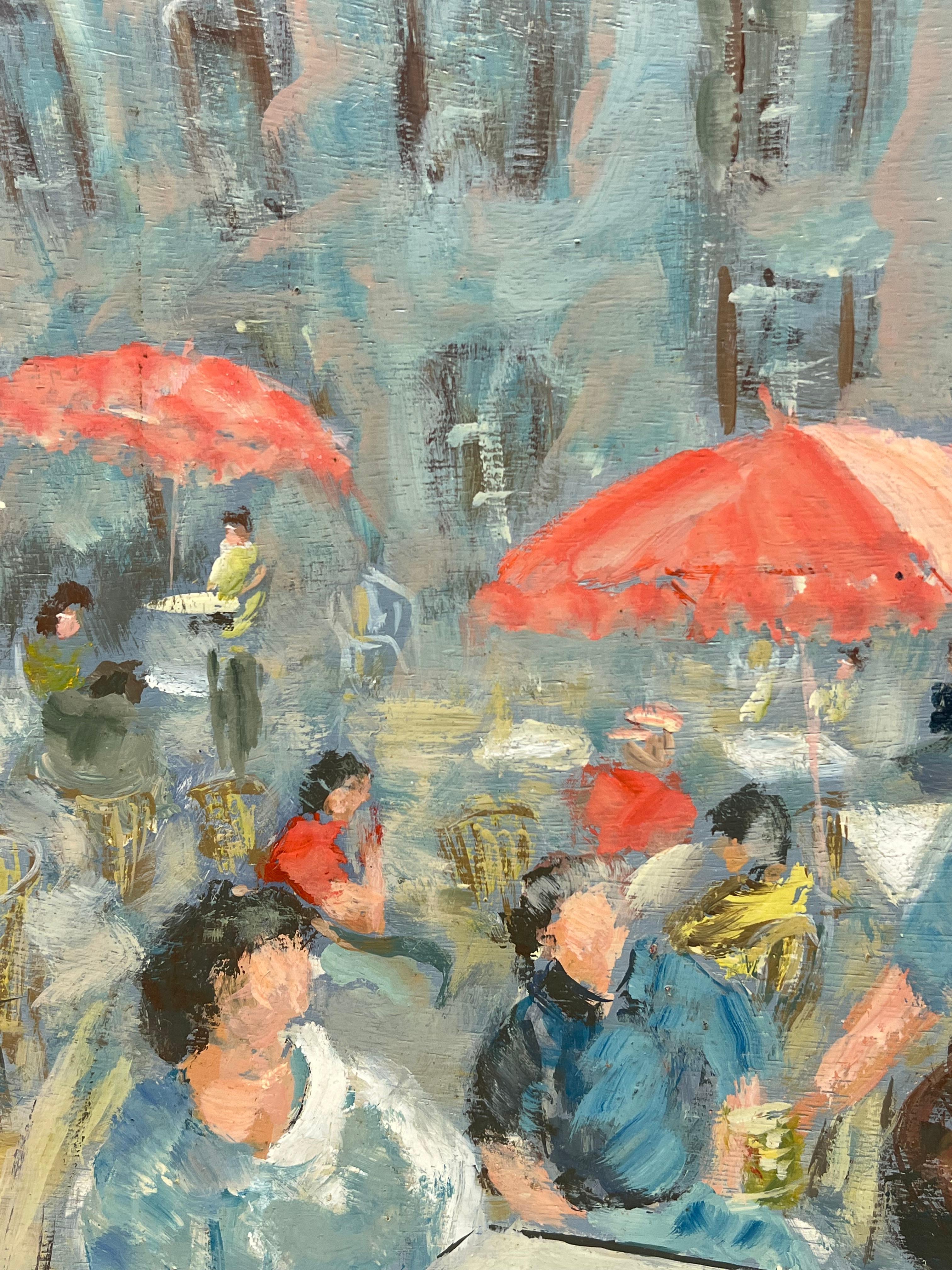 Peinture à l'huile d'un café français en plein air - Gris Landscape Painting par Fanch Lel