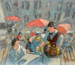 Waiter Serving Figures at a Busy Outdoor French Cafe Oil Painting