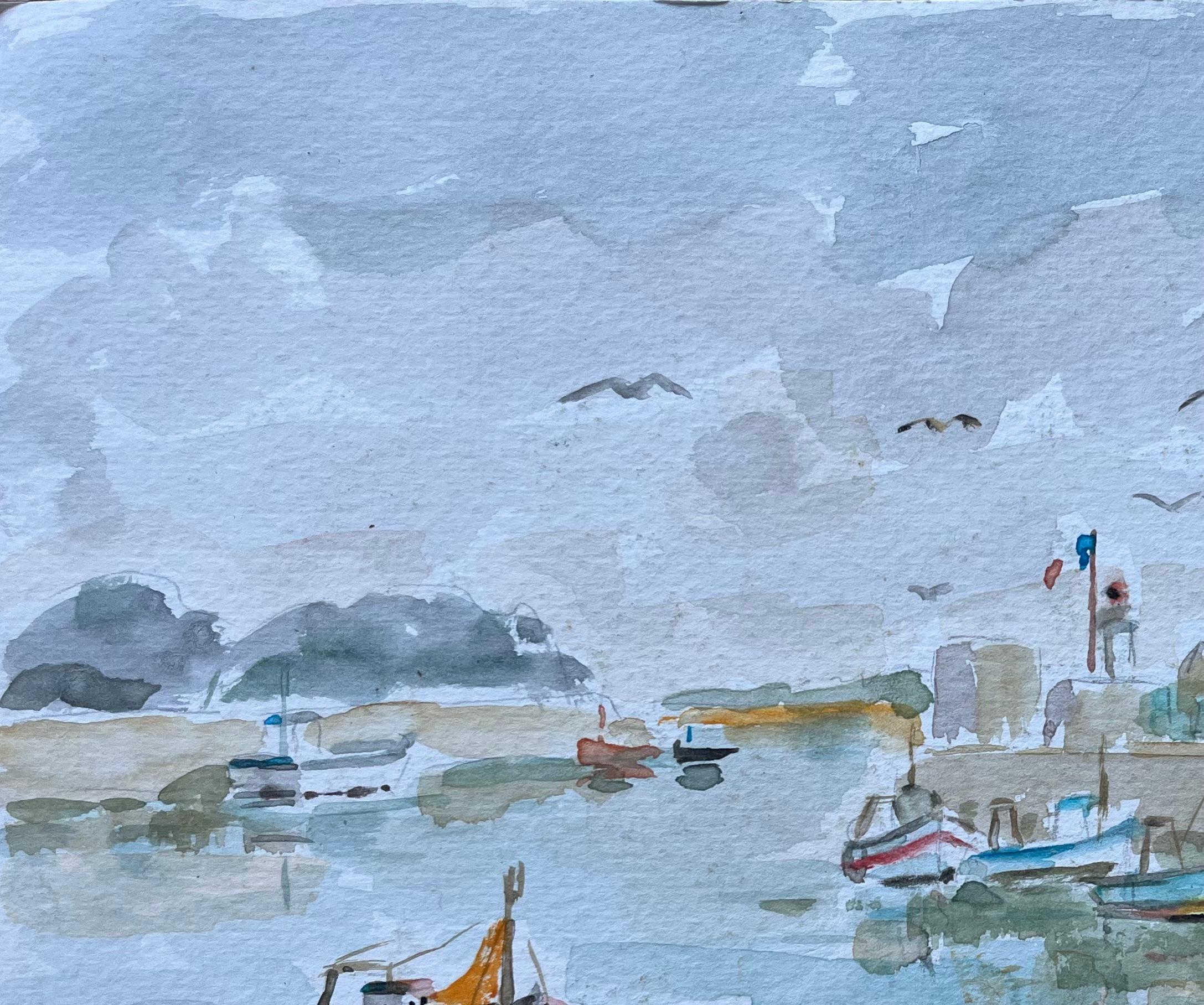Aquarellgemälde eines Tranquil-Fischports mit Booten aus Frankreich (Impressionismus), Painting, von Fanch Lel