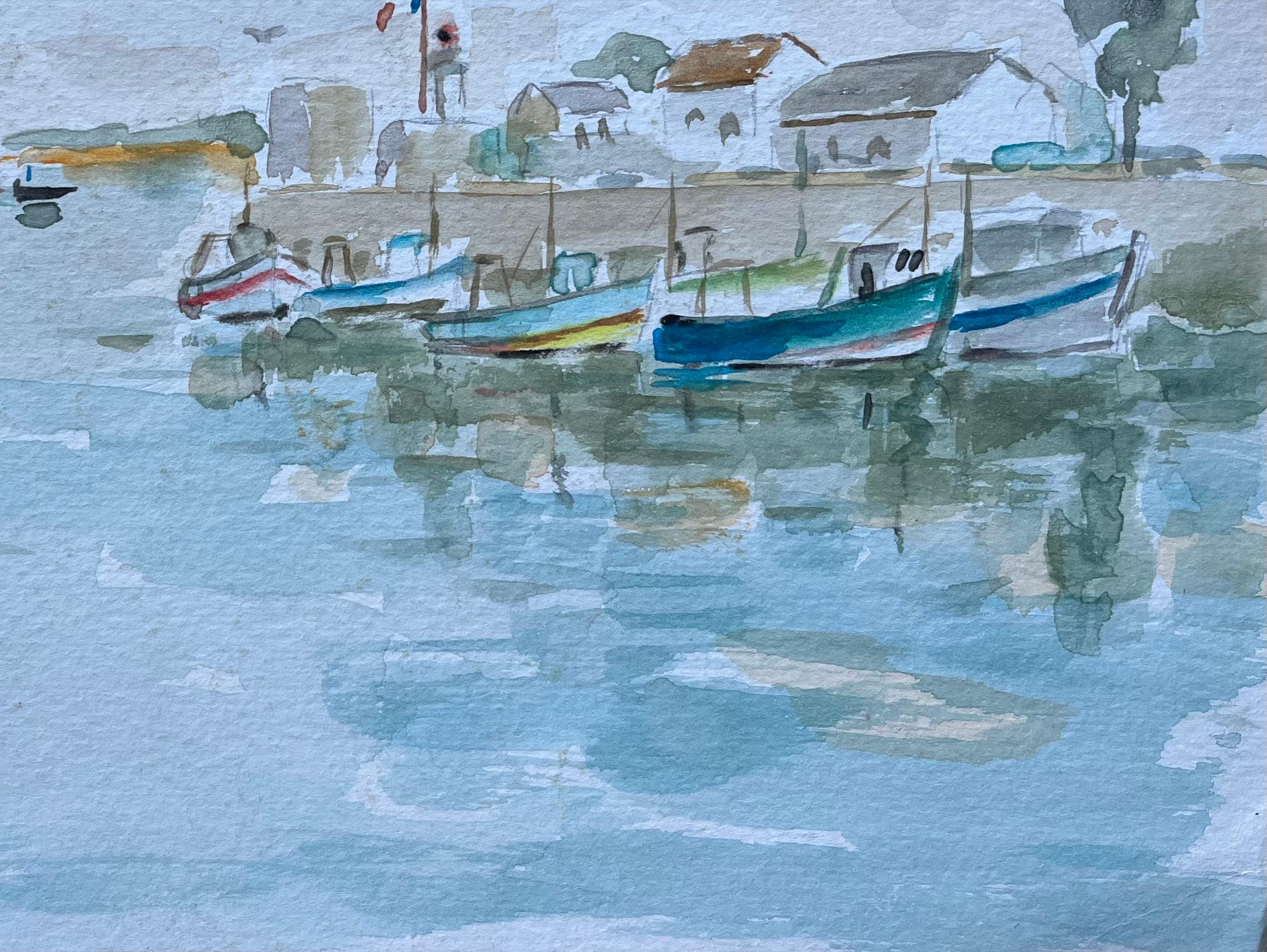 Aquarellgemälde eines Tranquil-Fischports mit Booten aus Frankreich im Angebot 1