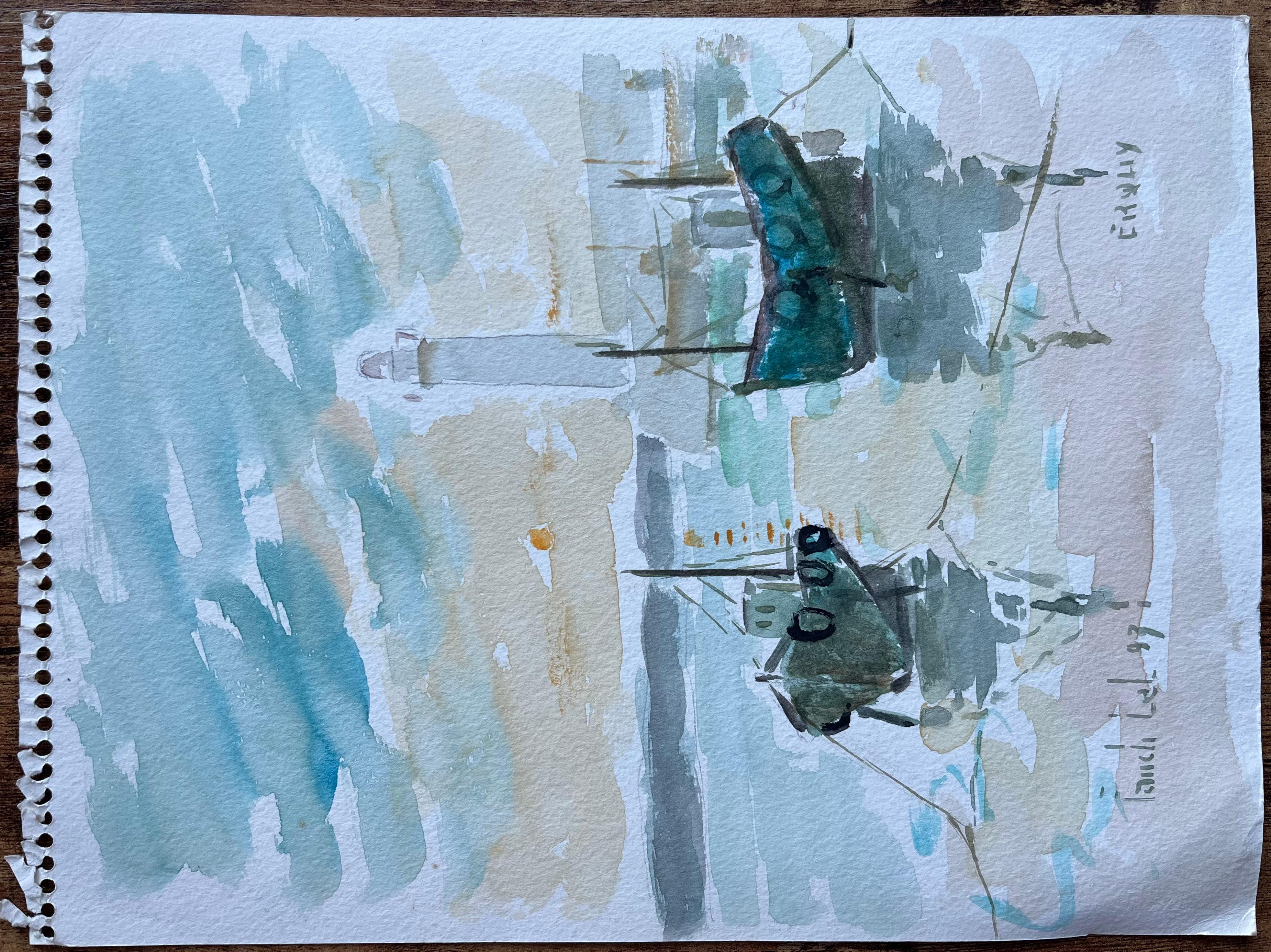 Aquarellgemälde eines Tranquil-Fischports mit Booten aus Frankreich im Angebot 2