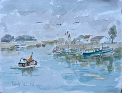 Watercolour Painting of a Tranquil French Fishing Port with Boats