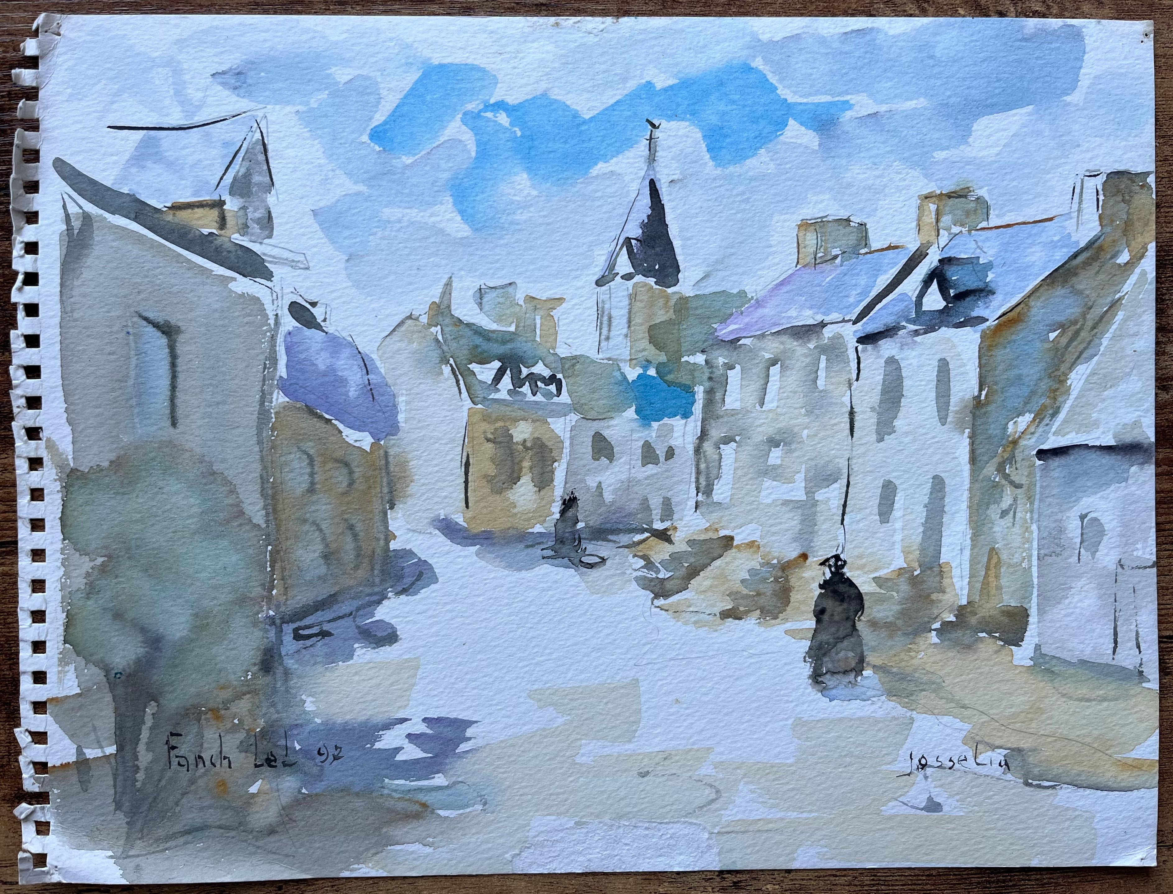 Aquarell- Street-Szene von Josselin in der Bretagne mit Kirchenturm – Painting von Fanch Lel