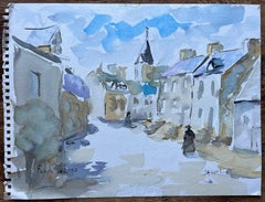 Aquarell- Street-Szene von Josselin in der Bretagne mit Kirchenturm