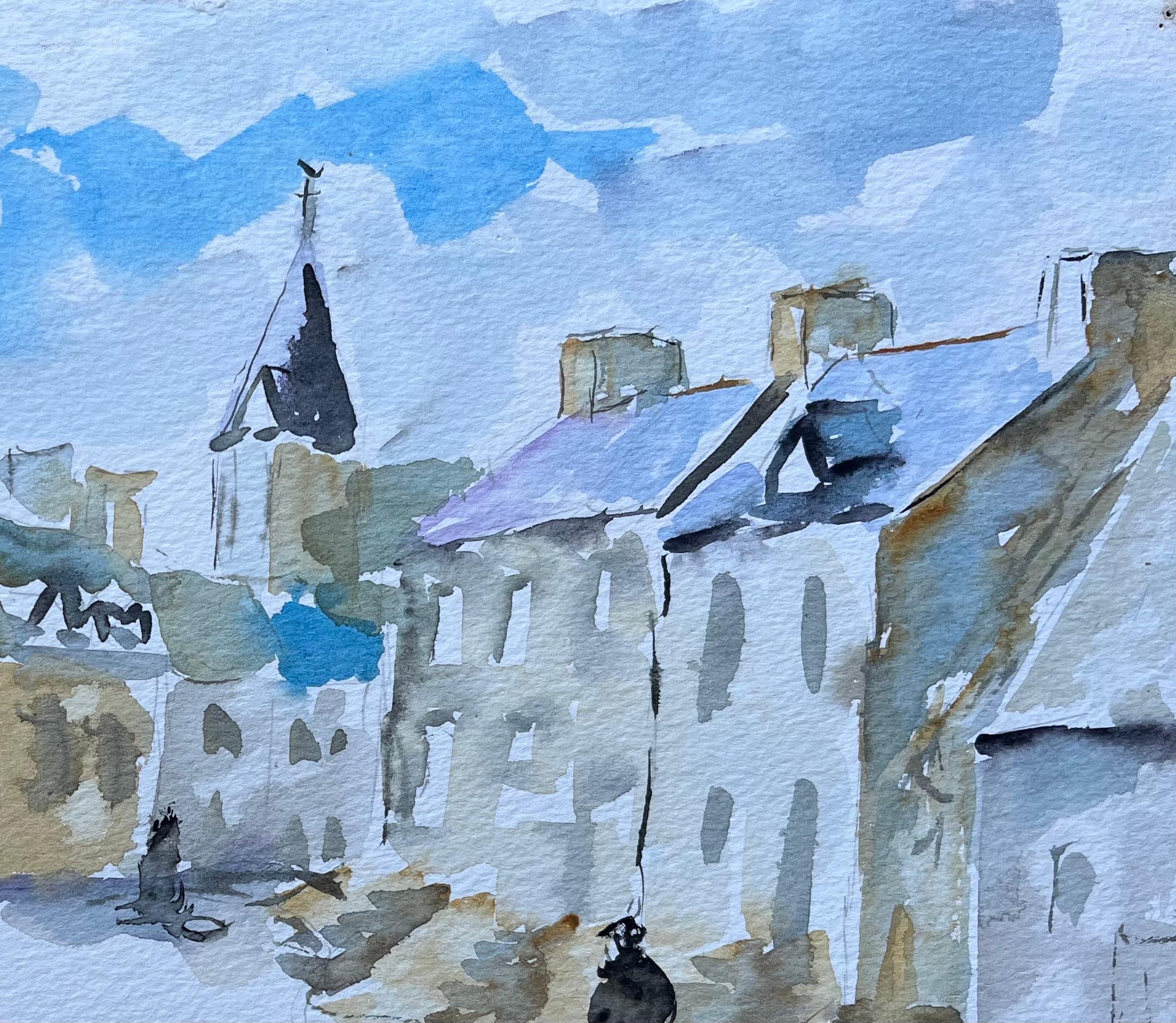 Aquarell- Street-Szene von Josselin in der Bretagne mit Kirchenturm (Impressionismus), Painting, von Fanch Lel