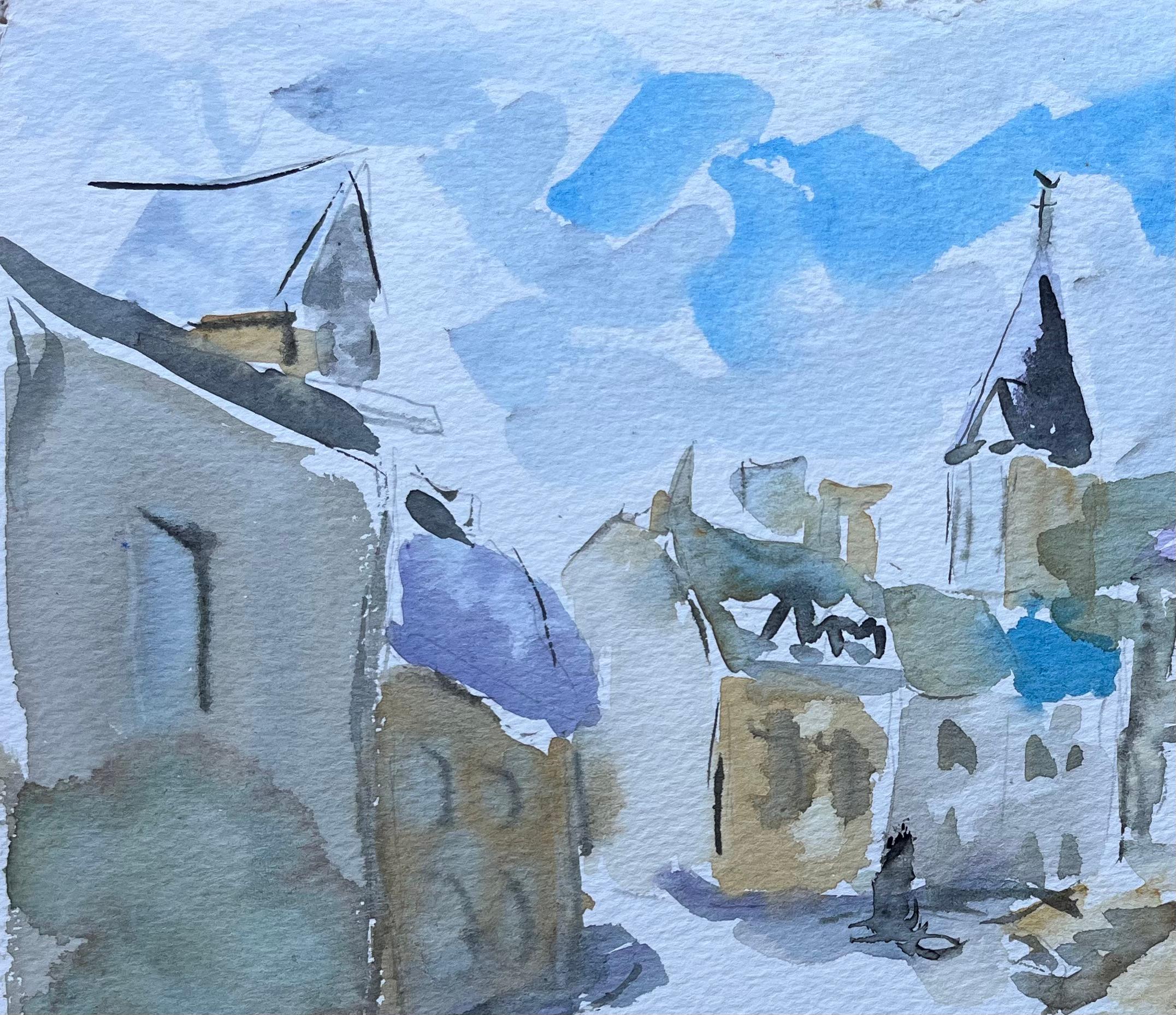 Aquarell- Street-Szene von Josselin in der Bretagne mit Kirchenturm (Blau), Landscape Painting, von Fanch Lel