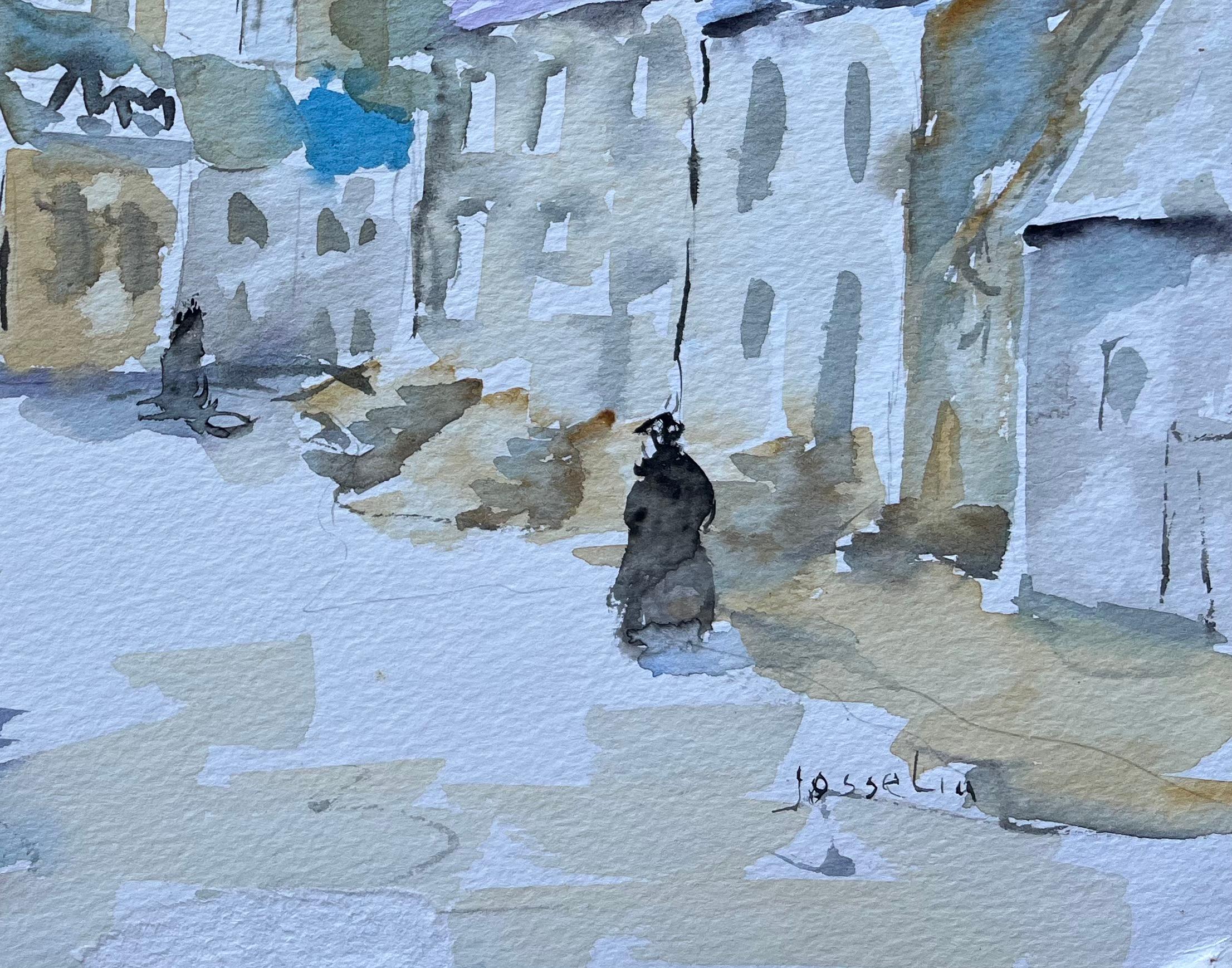 Titel: Aquarell Straßenszene von Josselin in der Bretagne mit Kirchturm
von Fanche Lel
Unterschrieben: Ja
Größe: 9,5 Zoll (Höhe) x 12,5 Zoll (Breite)
Aquarell auf Papier, ungerahmt
Zustand: Das Gemälde ist in gutem Zustand, mit leichten